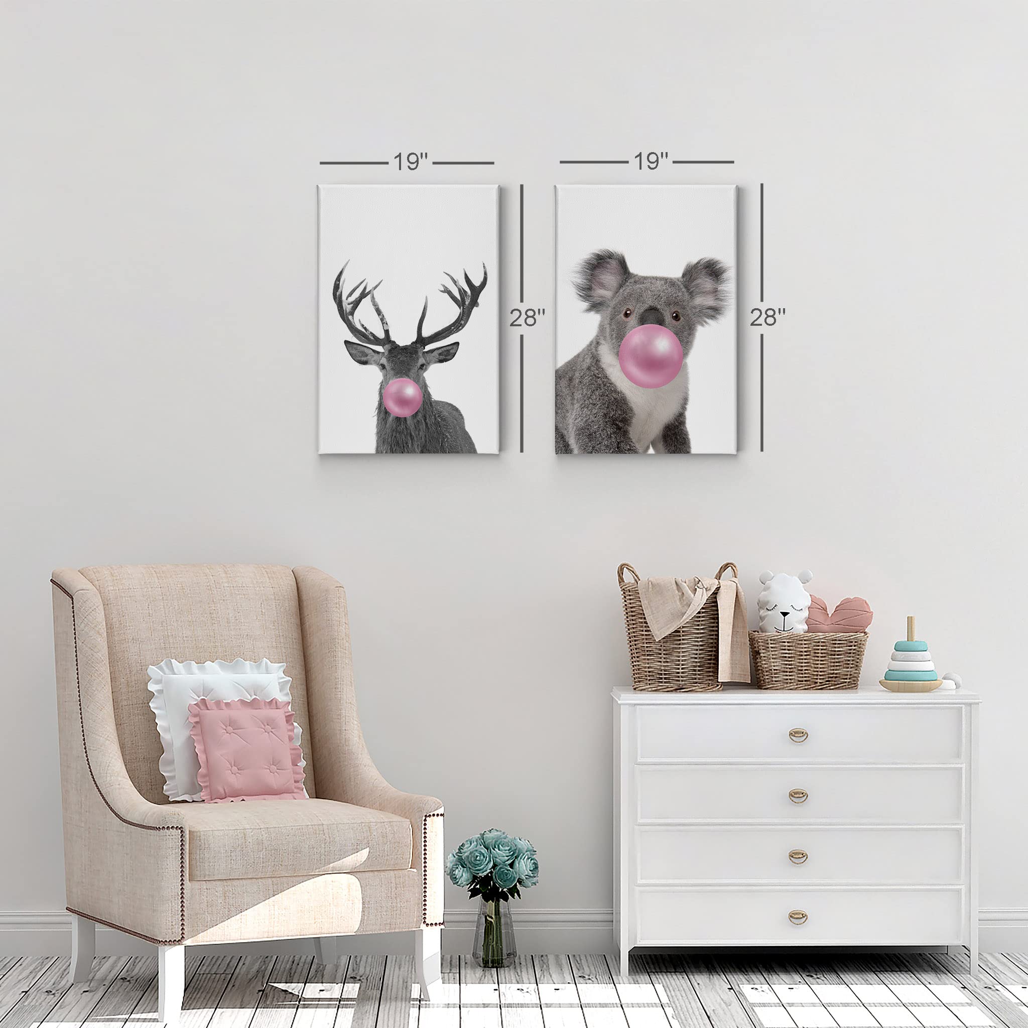 Smile Art Design Reindeer and Koala Animal Bubble Gum Canvas Print Set - Pink Gum Black & White Wall Art for Baby Nursery, Kids Room Decor (22x15 Inches, 2-Panel, Ready to Hang, Made in USA) - Perfect for Children's Bedrooms, Playrooms, and Gender-Neutral Nursery Themes