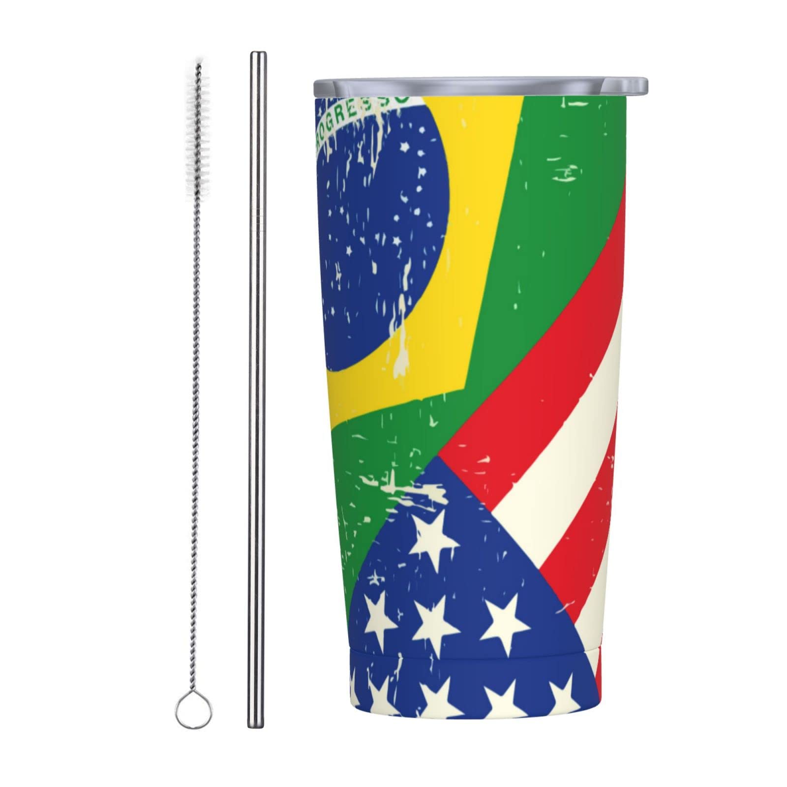 SWEET TANG Spill-Proof 20oz Vacuum Insulated Stainless Steel Coffee Tumbler with Straw - USA & Brazil Flag Design - Reusable Travel Mug for Hot/Cold Beverages - Perfect Gift for Men & Women - Great for Office, Gym, Camping & Daily Commute