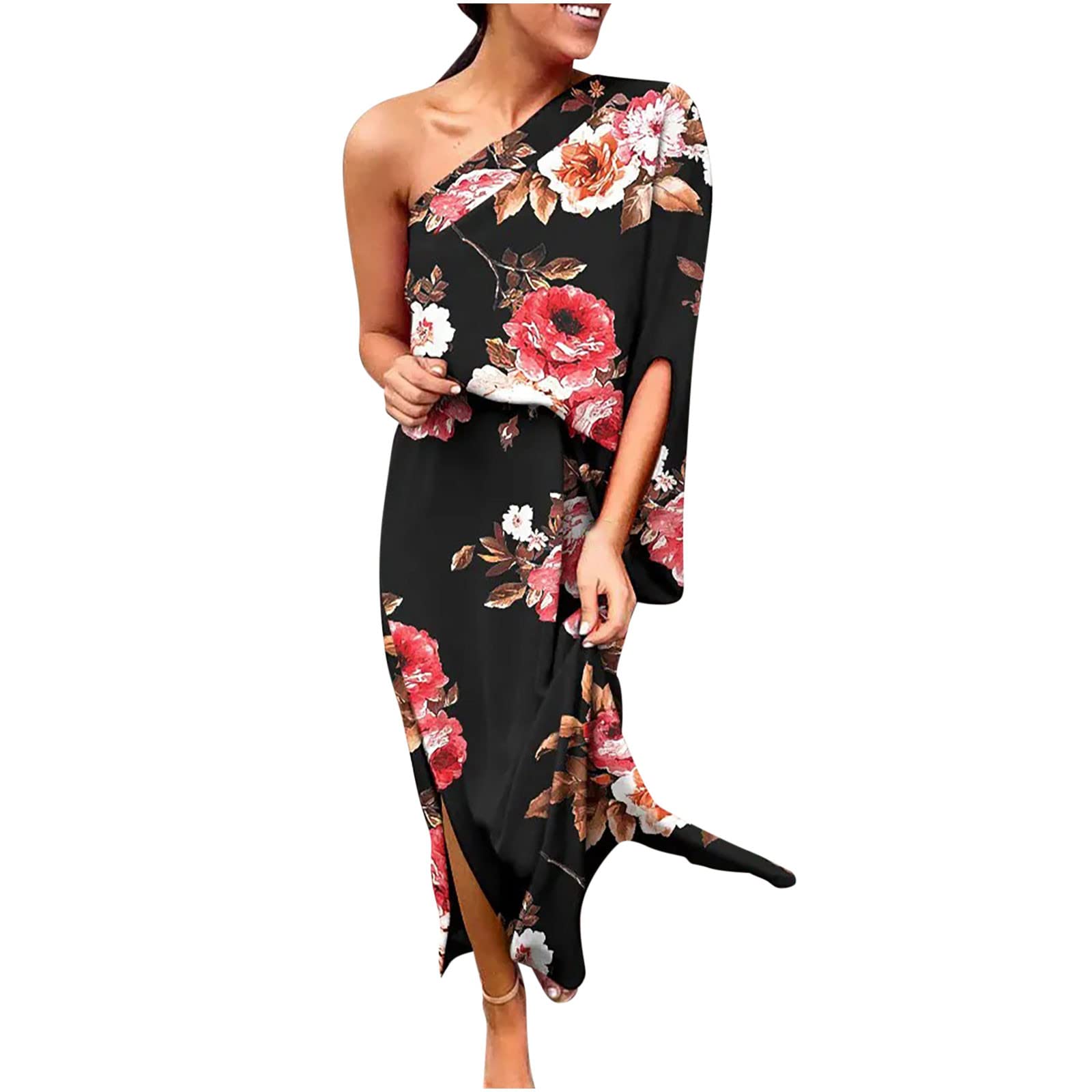 **Trendy One Shoulder Party Dresses for Women - Sexy Floral Print Half Sleeve Slit Summer Holiday Dress - Perfect for Club Nights, Beach Vacations & Date Nights**