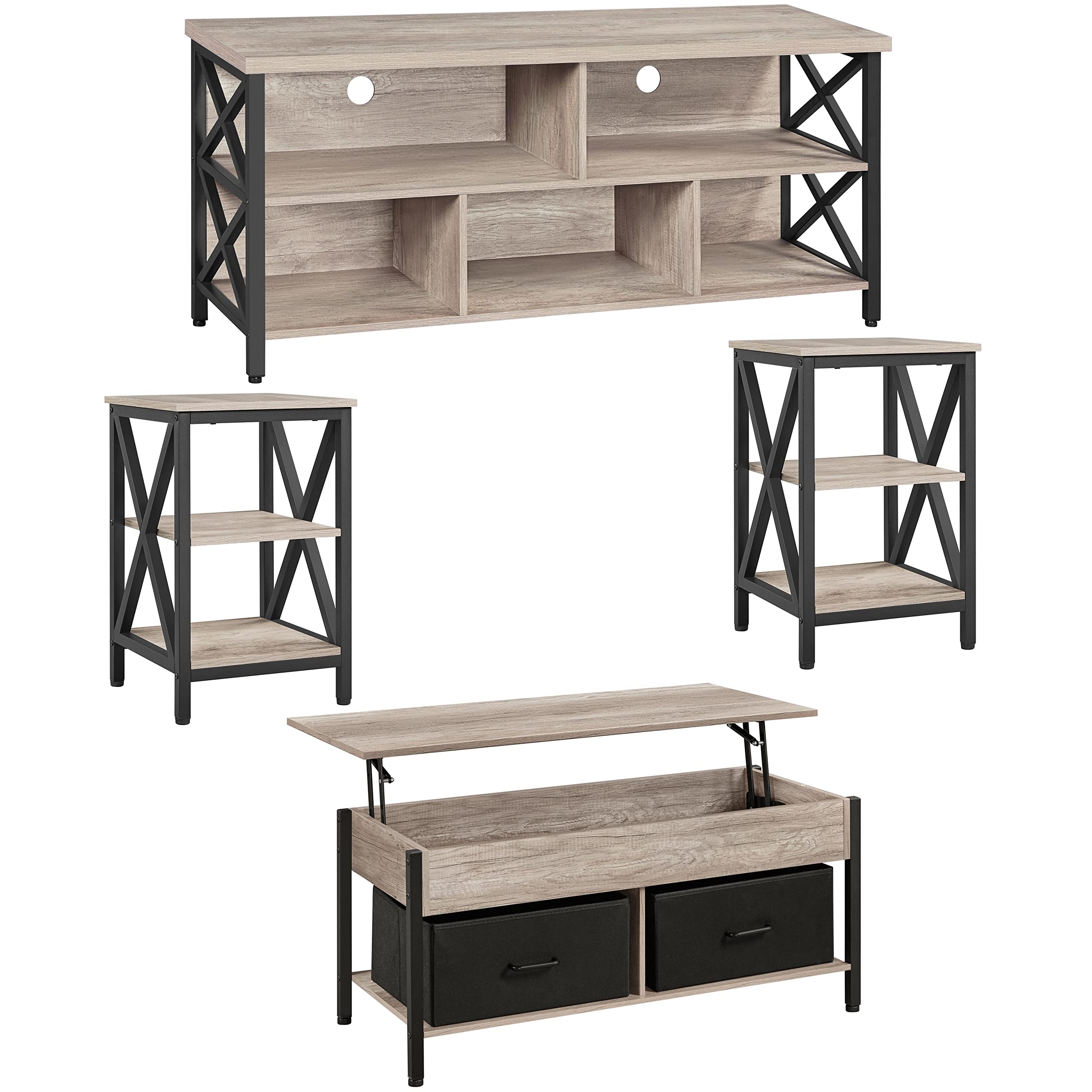 Yaheetech 4-Piece Gray Living Room Furniture Set - TV Stand for 65 Inch TV with Storage, Lift-Top Coffee Table with Baskets & 2 Side Tables - Modern Home Decor for Small Spaces, Apartments & Family Gatherings