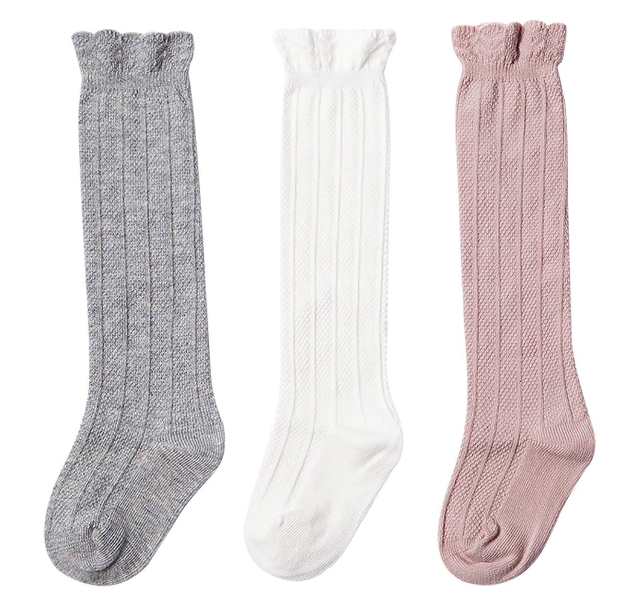 Happy Cherry Knee High Socks for Baby Girls - 3 Pack Cute Long Tube Ruffled Warm Stockings - Perfect for Winter Outfits, Photoshoots & Special Occasions