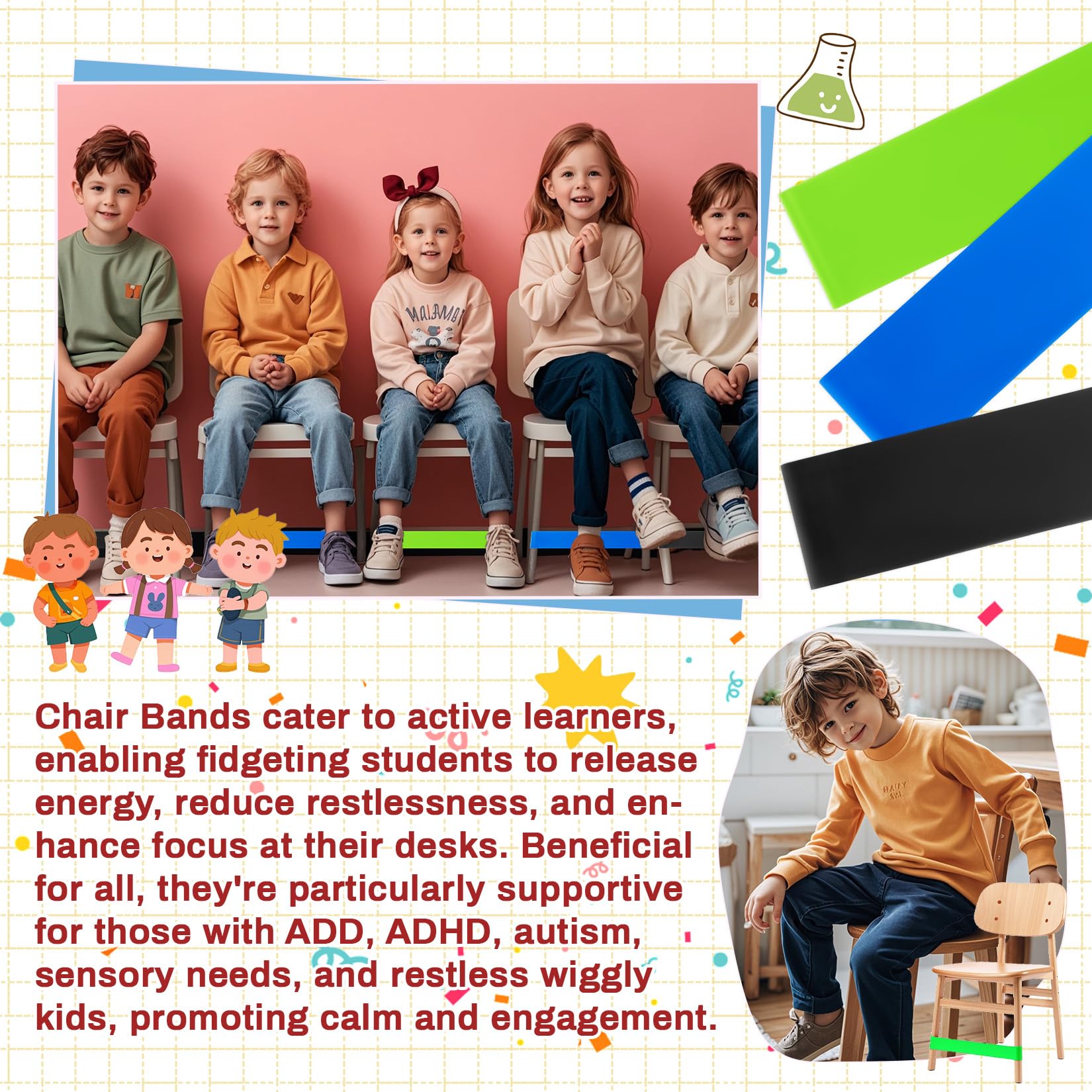 6PCS Chair Bands for Kids with Fidgety Feet - ADHD Sensory Flexible Kick Bands for Classroom Chairs, Under Desk Fidget Tools for Focus & Movement - Perfect for School, Home Study & Sensory Rooms