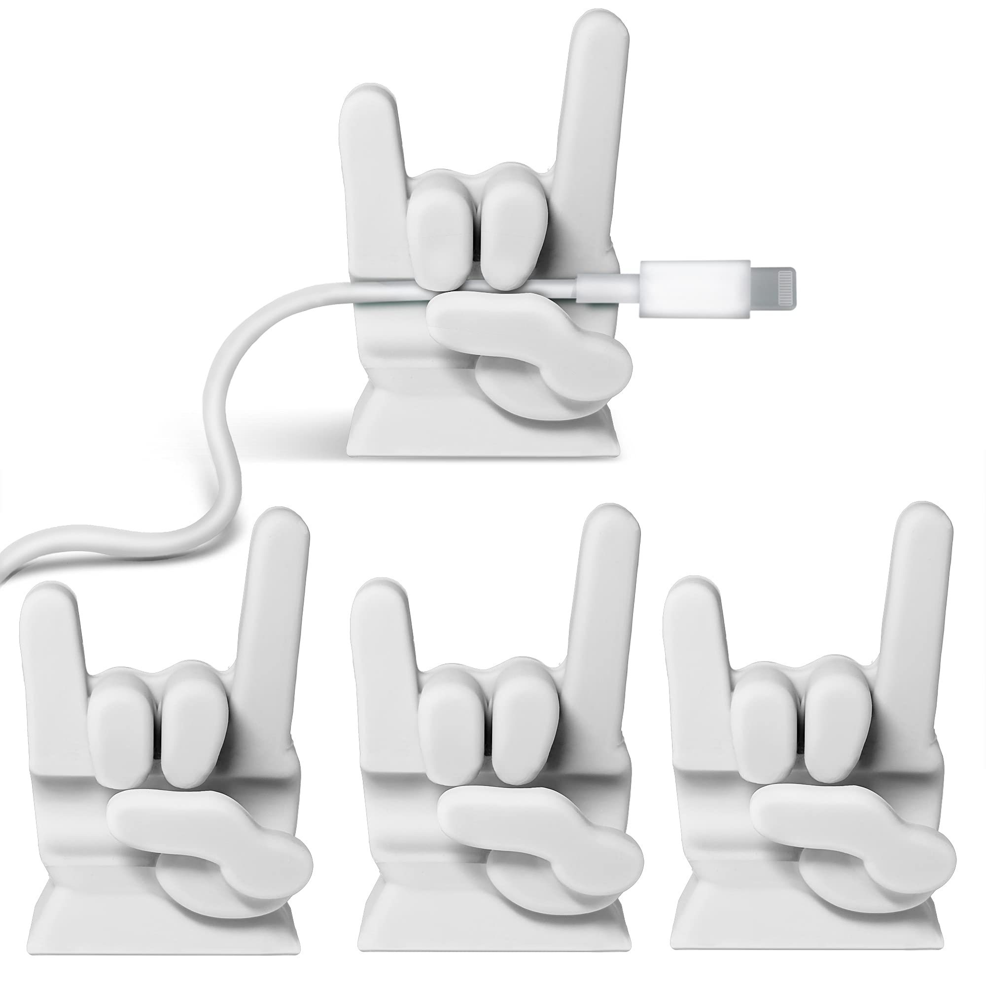 4 Pack Rock and Roll Cable Clips - White Cord Organizer for Desk & Car | Wire Management for Office Computer & Electrical Cables | Perfect for Home, Office, and Vehicle Organization (Rock On Hands Design)