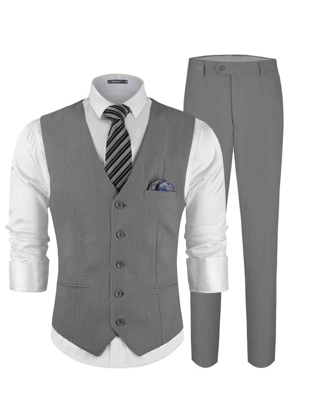 Men's Slim Fit Linen 2-Piece Suit Set for Wedding & Groomsmen | Summer Breathable Vest & Pants with Pocket Square | Perfect for Beach Weddings, Formal Events & Business Casual Occasions