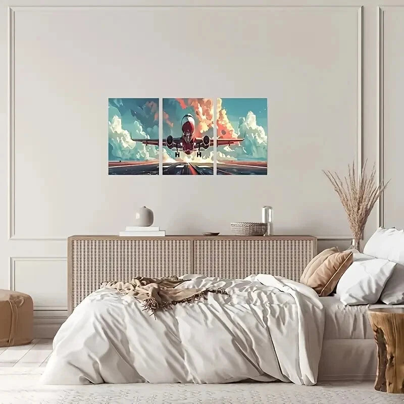 3-Piece Red Airplane with White Clouds Metal Wall Art - Ready to Hang Home Decor for Living Room, Bedroom & Office