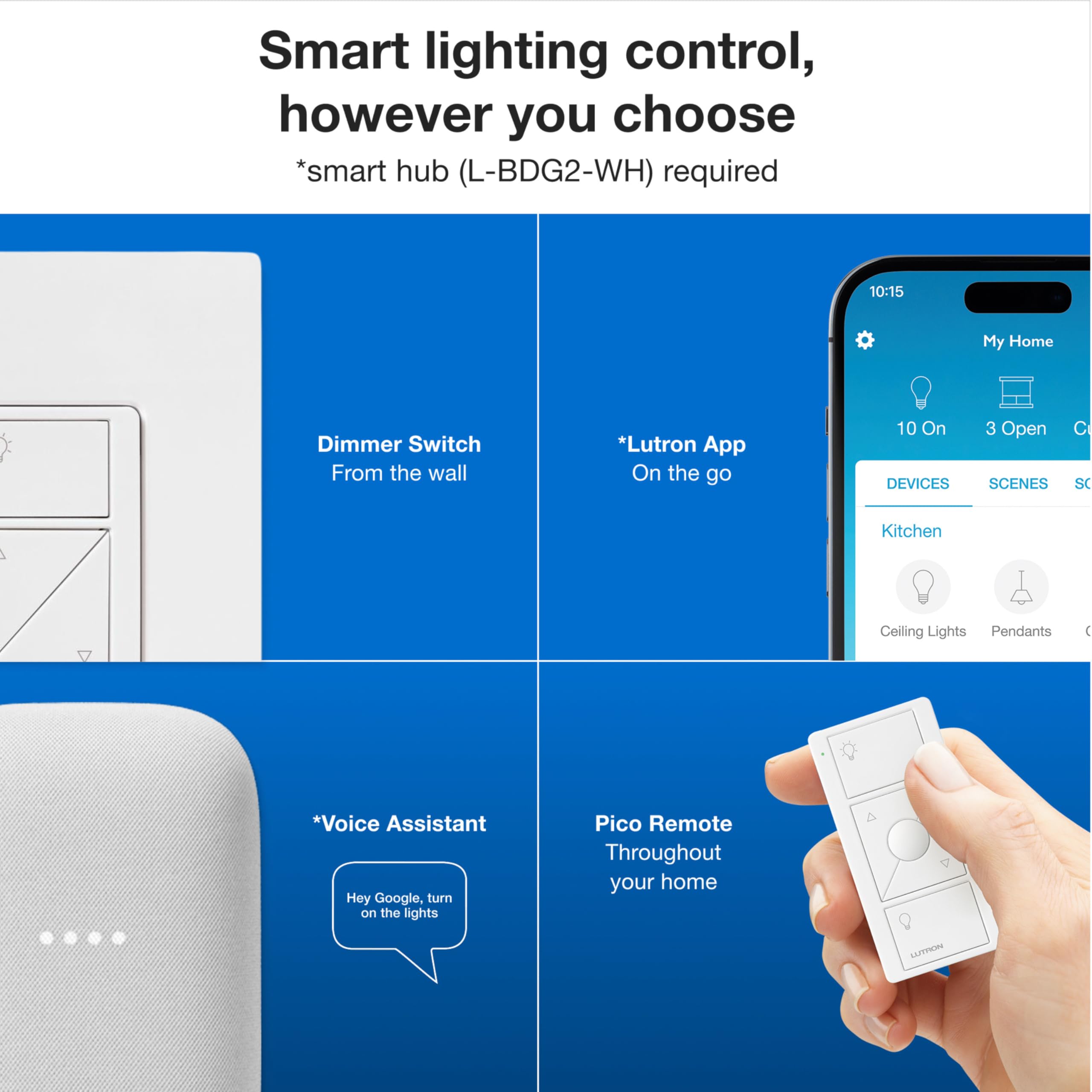 Lutron Caseta Smart Dimmer Switch Kit - 2 Dimmers, 2 Wall Plates, 2 Remotes, 2 Pedestals & Hub - Works with Alexa, Apple HomeKit, Google Assistant - 3-Way, 150W, No Neutral Required - Perfect for Smart Home Lighting Control in Living Room, Bedroom & Kitchen