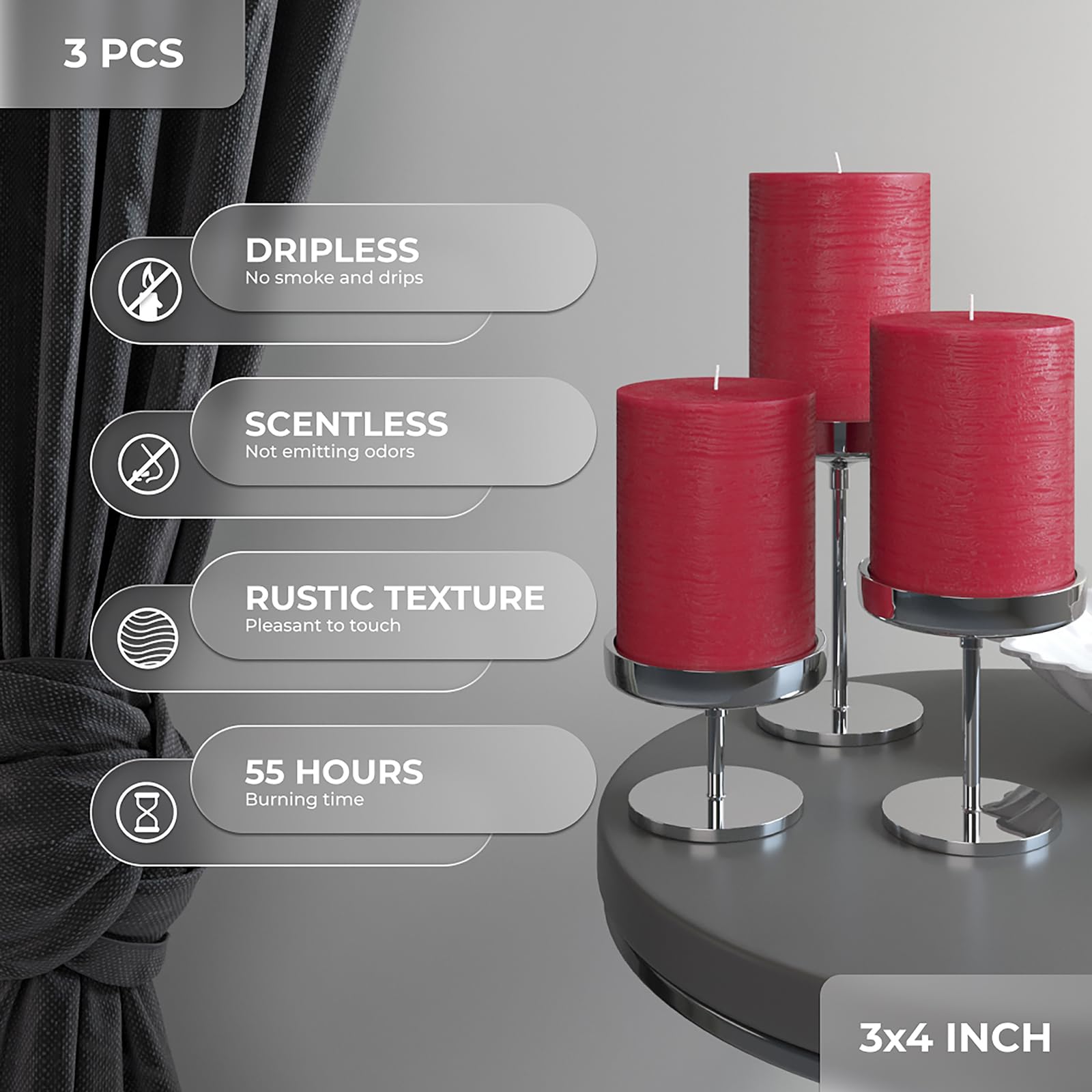 CANDWAX 3x4 Inch Pillar Candles Set of 3 - Unscented Non-Drip Decorative Rustic Candles for Weddings, Home Decor, and Centerpieces - Bordeaux Red Large Candles for Romantic Dinners, Fireplace Mantels, and Holiday Tablescapes