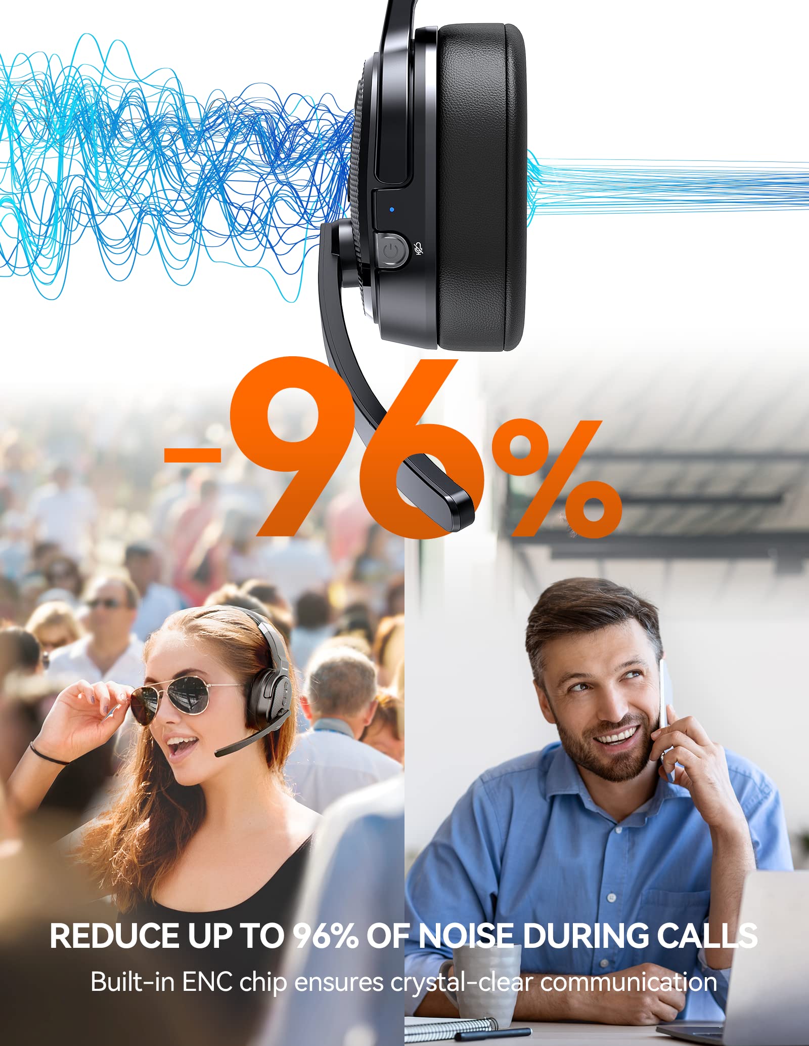 TECKNET Bluetooth Headset with Microphone - Wireless Headphones for Laptop, PC & Mac - Noise Cancelling Headset with 3 EQ Modes & Dual/Single Ear Options - USB Headset for Call Center, Skype, Truck Drivers, Online Meetings & Remote Work