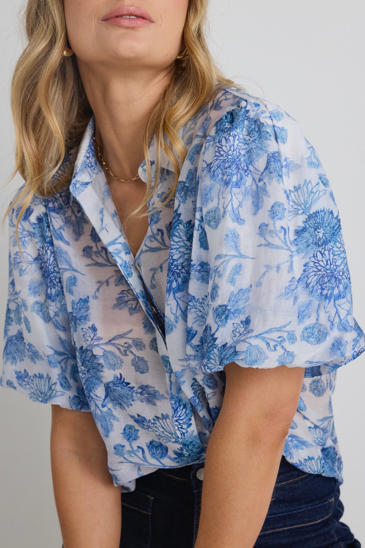 Harmony Blue Floral Print Bubble Sleeve Blouse - Women's Elegant Boho Top for Casual Wear, Date Night & Summer Outfits