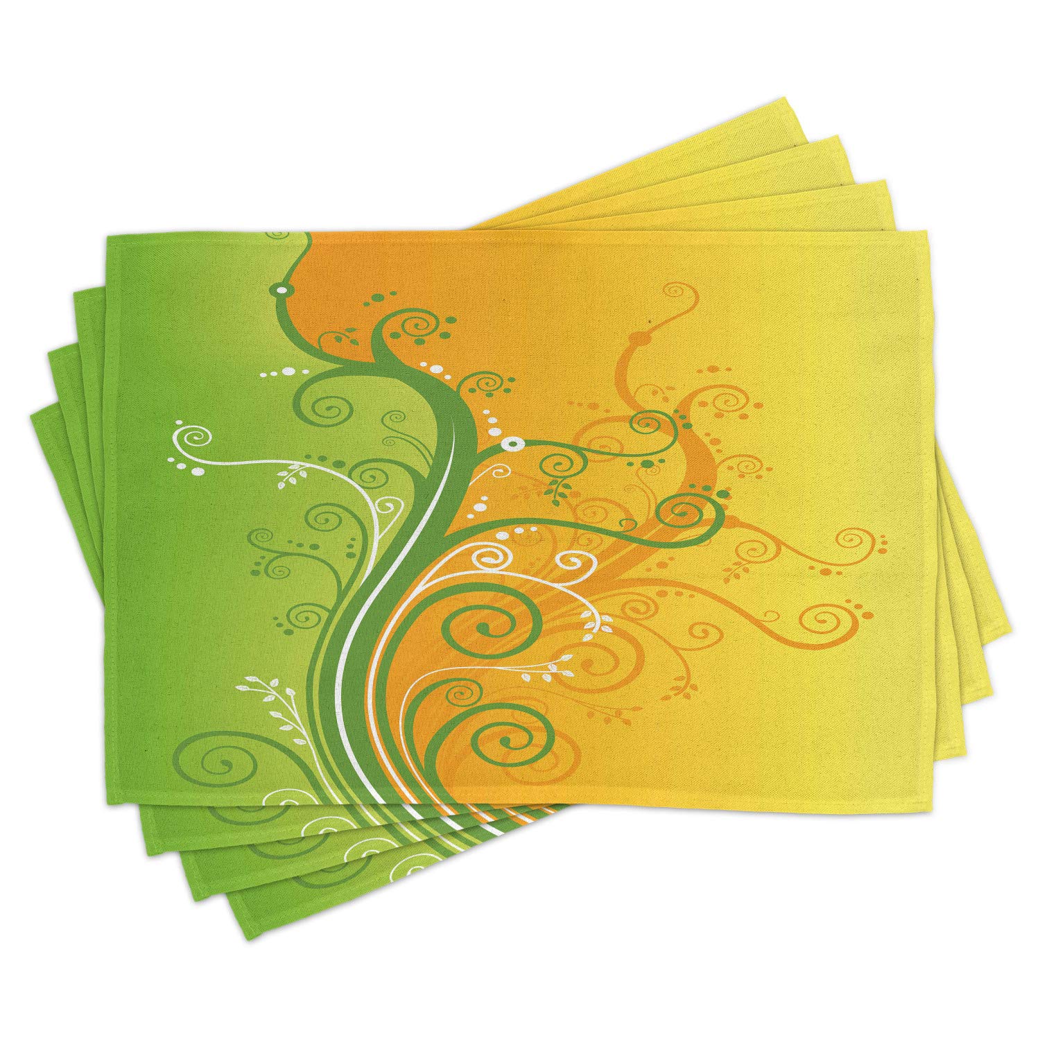 Ambesonne Modern Floral Place Mats Set of 4 - Washable Fabric Table Mats with Leaf & Branch Design in Pale Green Marigold & White - Perfect for Dining Room, Kitchen Table Decor & Dinner Parties