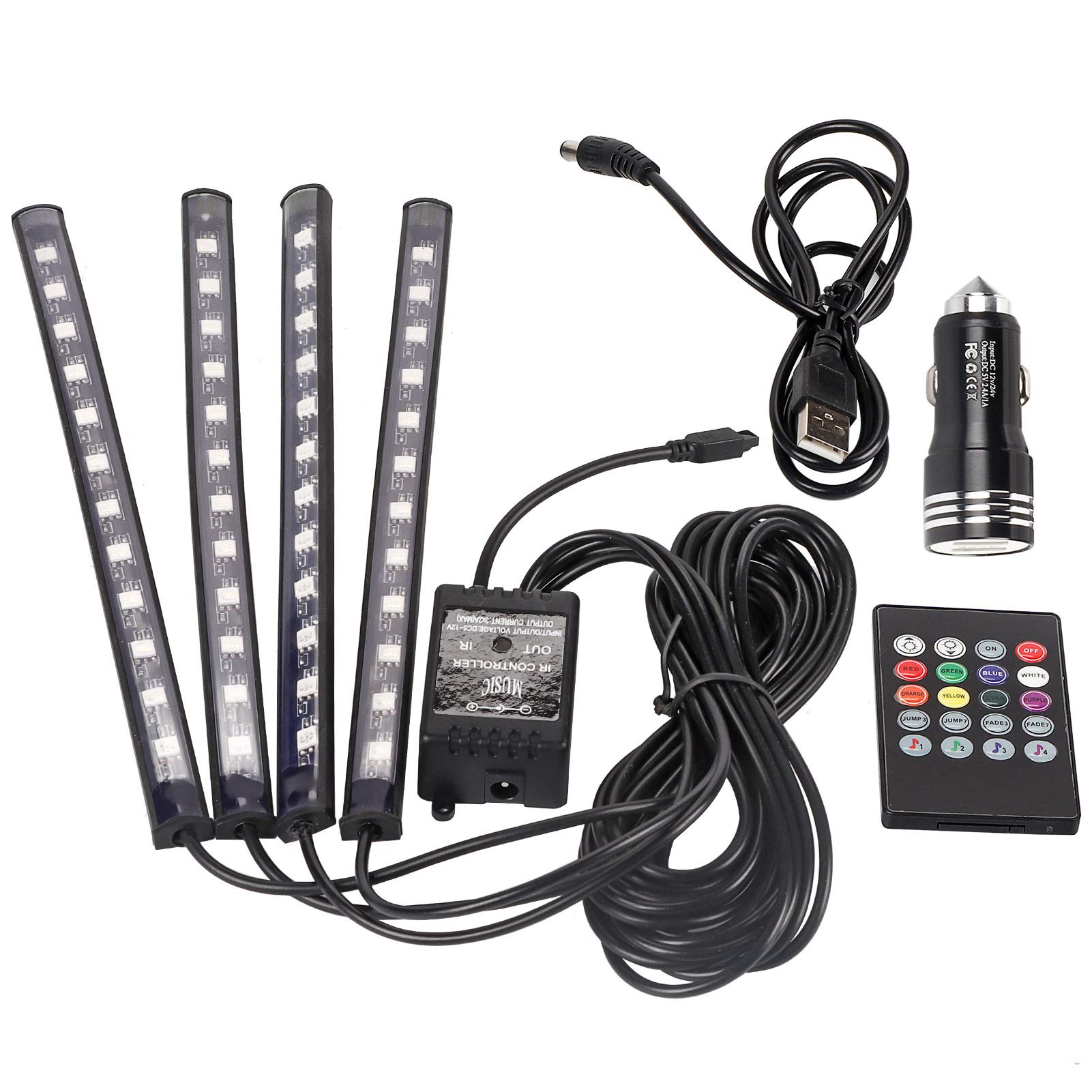 Acouto 4pcs 48 LED Multicolor Music Car Interior Strip Lights - RGB Ambient Lighting with Sound Sync for Cars, Trucks & SUVs (Perfect for Parties, Night Driving & Custom Vehicle Decor)