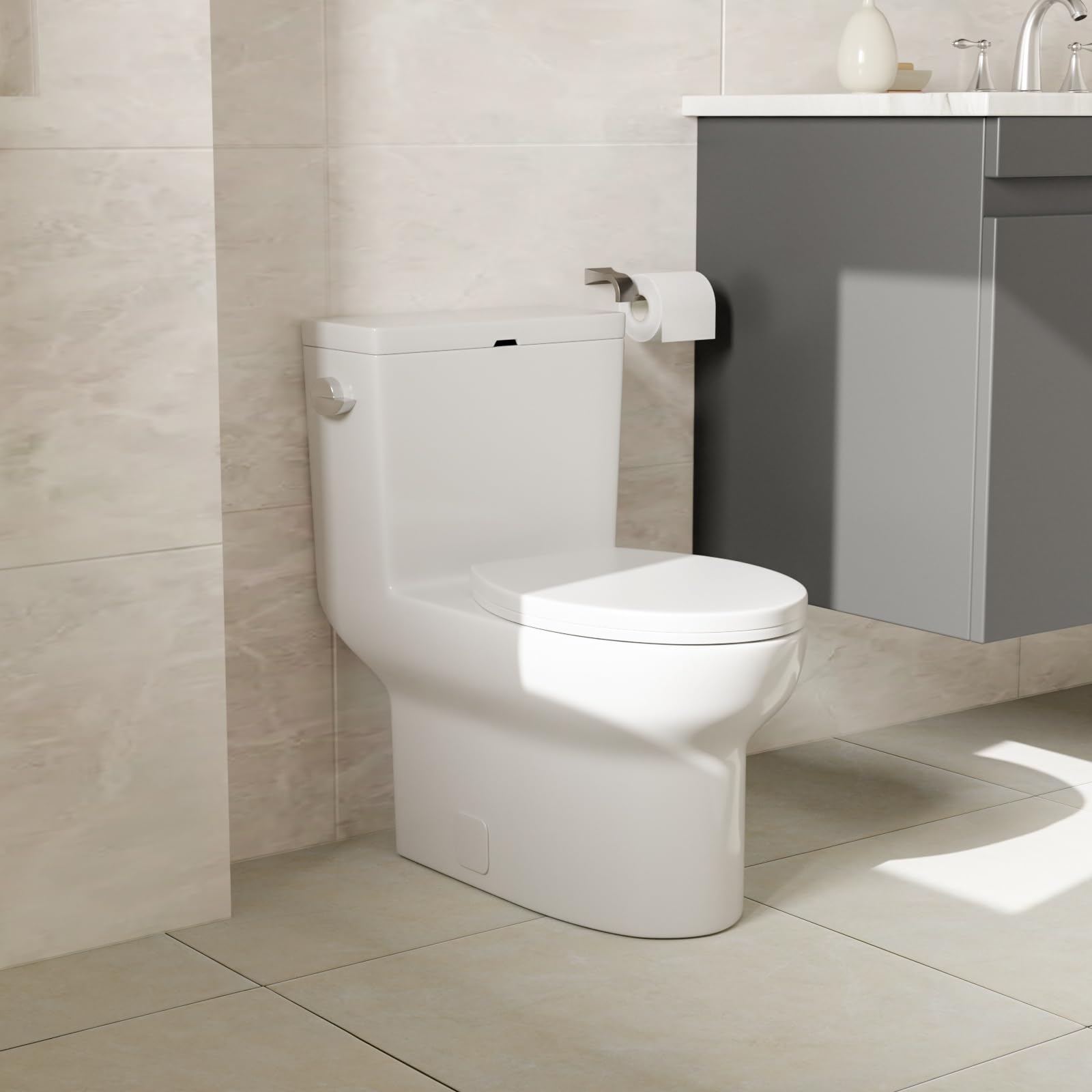 Modern White Ceramic One Piece Toilet - Comfort Height Elongated Round Bowl, Single Flush, 12