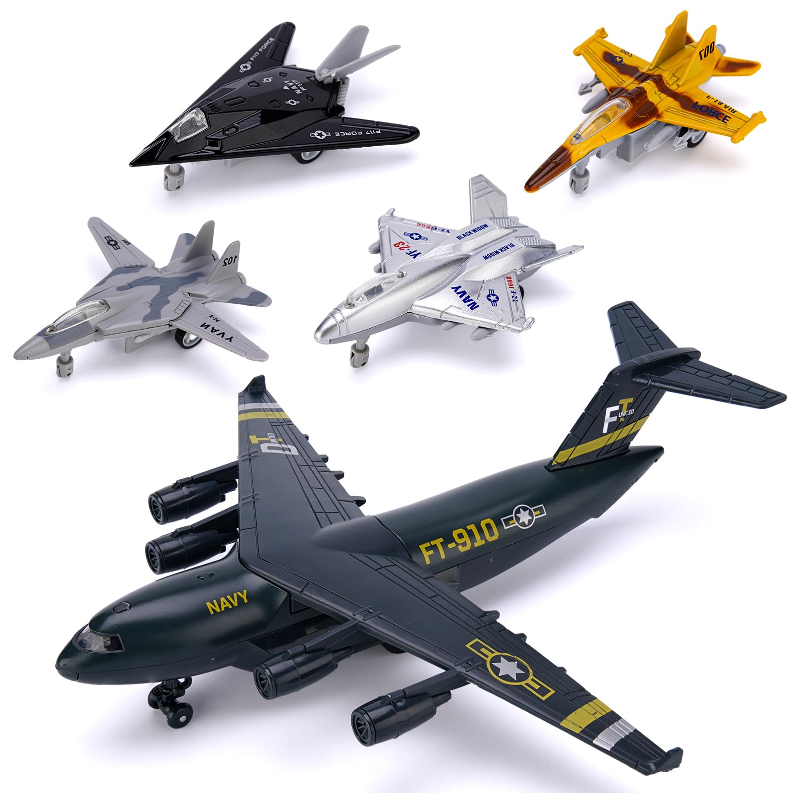 5-Pack Military Fighter Jet Toy Set with Lights & Sounds - Die-Cast Metal Pull Back Airplane Toys for Kids Ages 3+, Perfect for Pretend Play, Birthday Gifts & STEM Learning (Army, Navy, Air Force Models)
