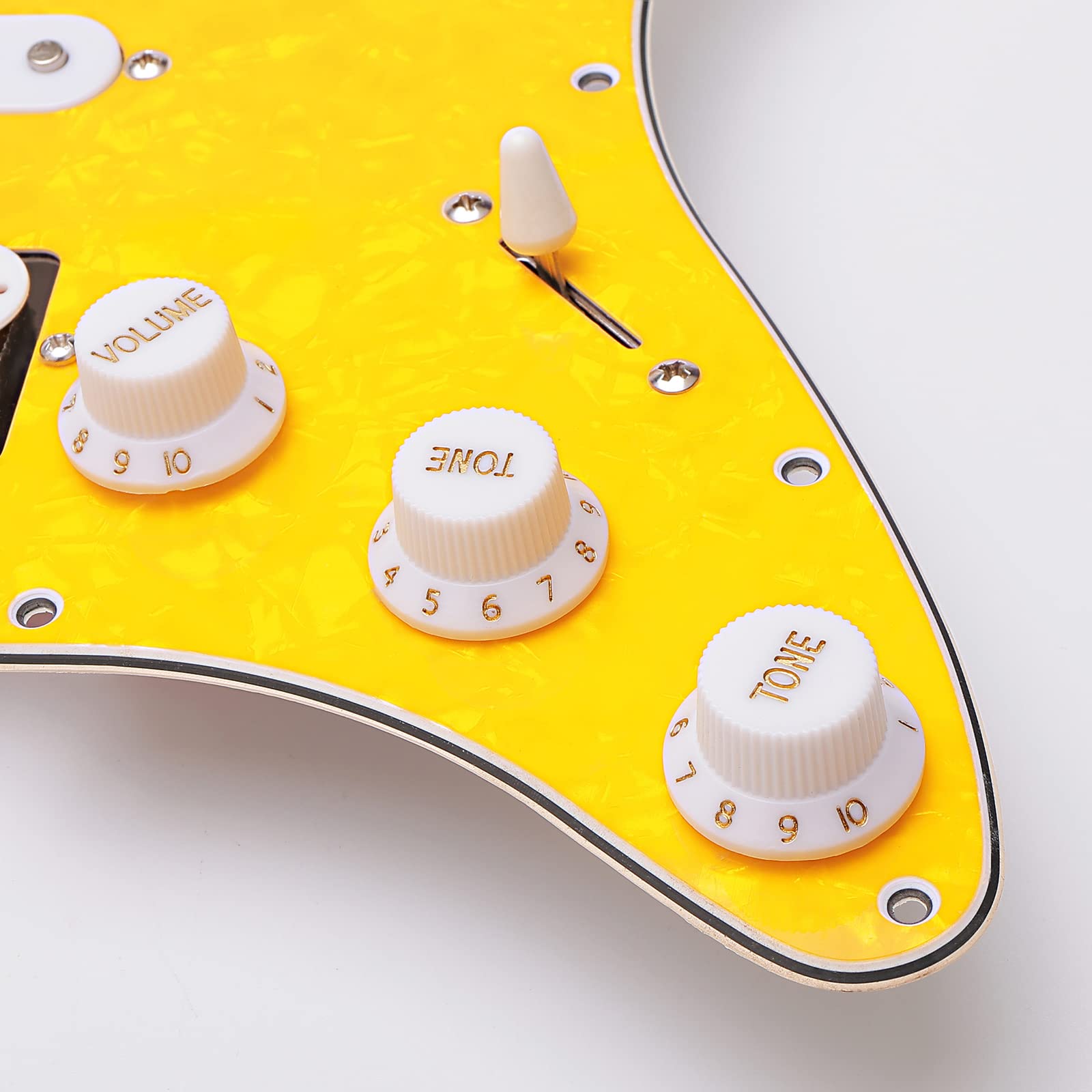 11 Hole Prewired HSH Pickguard Plate with Pickups - 4 Ply Yellow Pearl - Includes Guitar Strings & Installation Tool - Perfect for Electric Guitar Upgrades & DIY Repairs