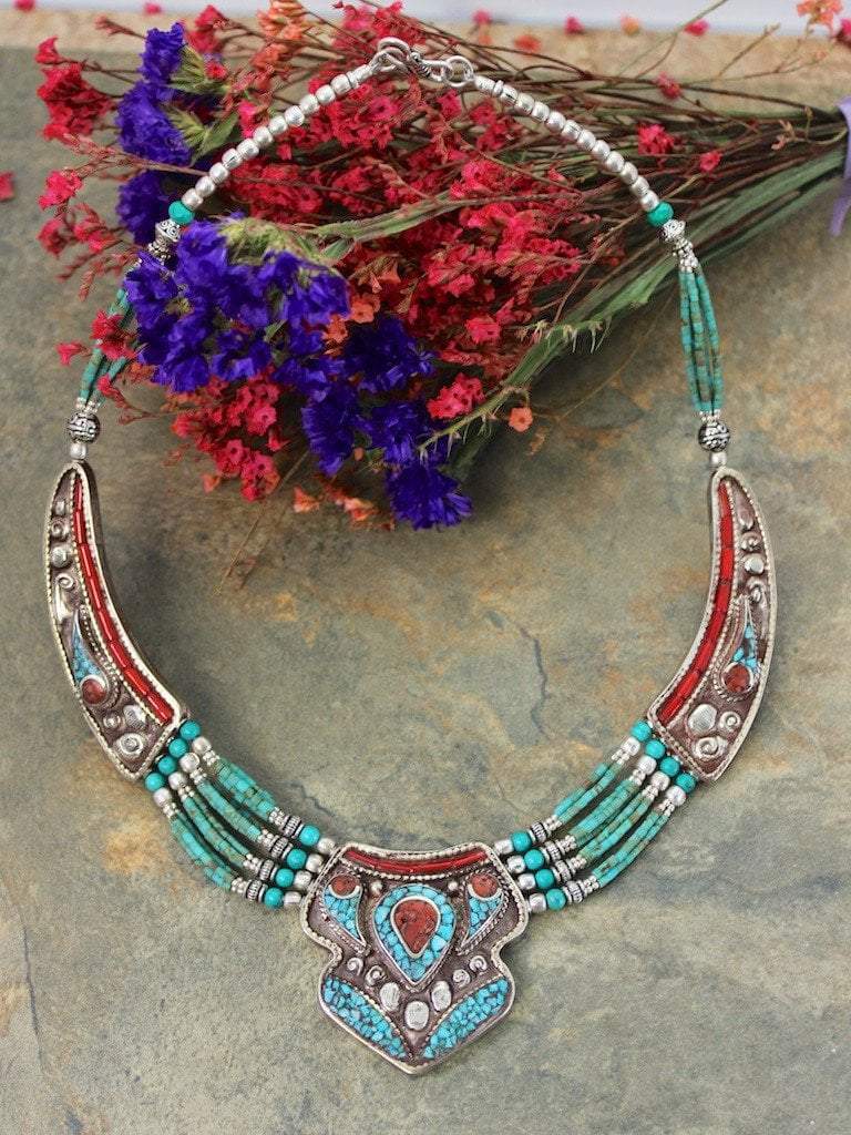4 Strand Turquoise Traditional Tibetan Necklace - Handmade Beaded Jewelry for Women, Boho Chic Accessory for Festivals, Weddings & Spiritual Ceremonies