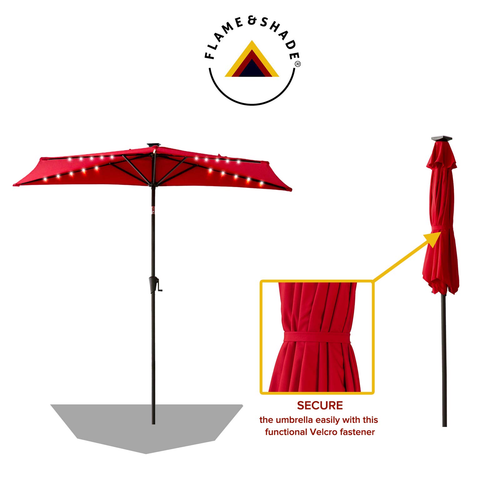 FLAME&SHADE 9 ft Solar Powered Half Round Patio Umbrella with LED Lights & Tilt - Waterproof Outdoor Market Umbrella for Garden, Balcony, Wall - Perfect for Backyard, Poolside & Restaurant Dining (Red)