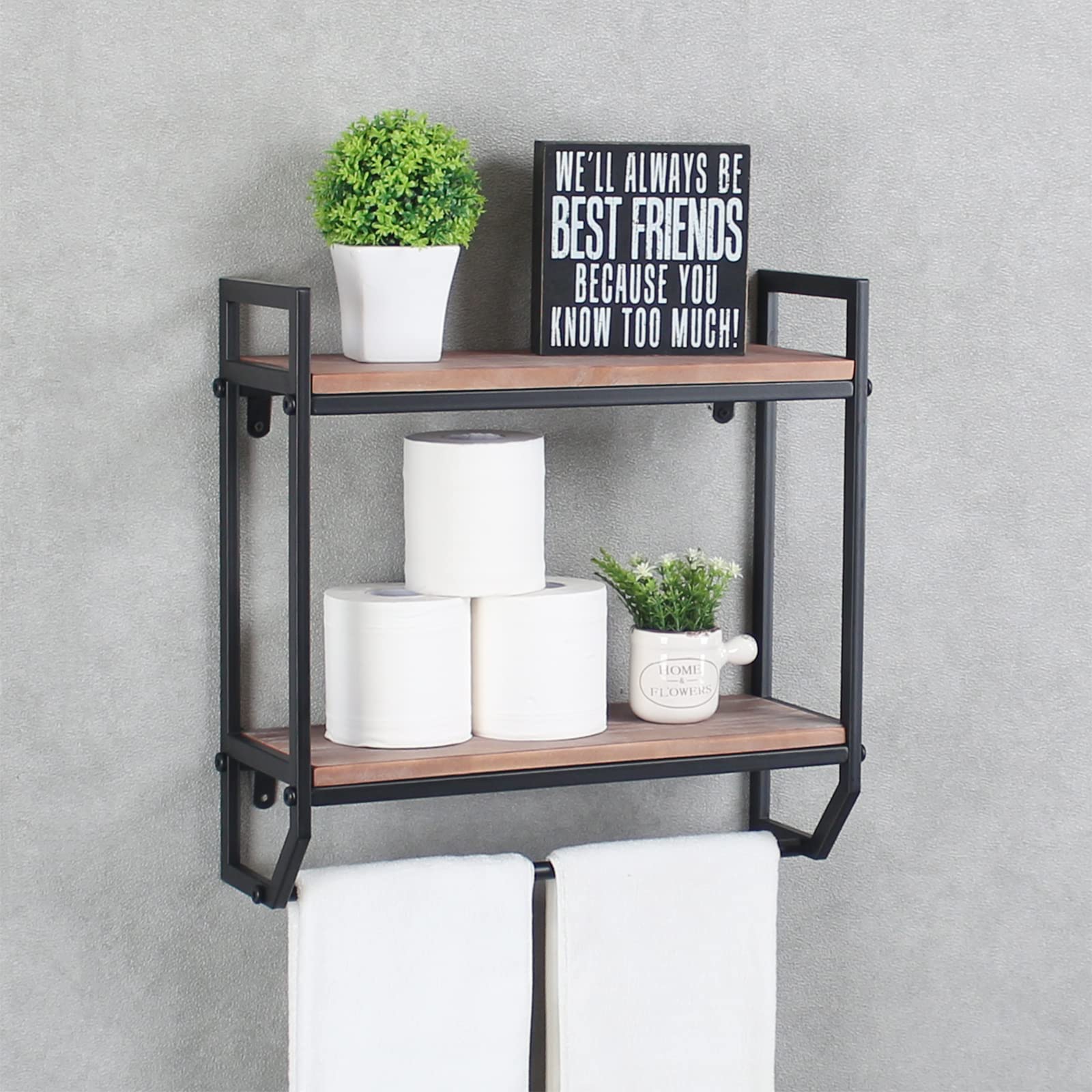 **Industrial Rustic Pipe Wall Mounted Bathroom Shelves with Towel Bar - Farmhouse Floating Wood Shelf & Metal Towel Holder for Over Toilet Storage (Black) - Perfect for Small Bathrooms, Farmhouse Decor & Space-Saving Organization**