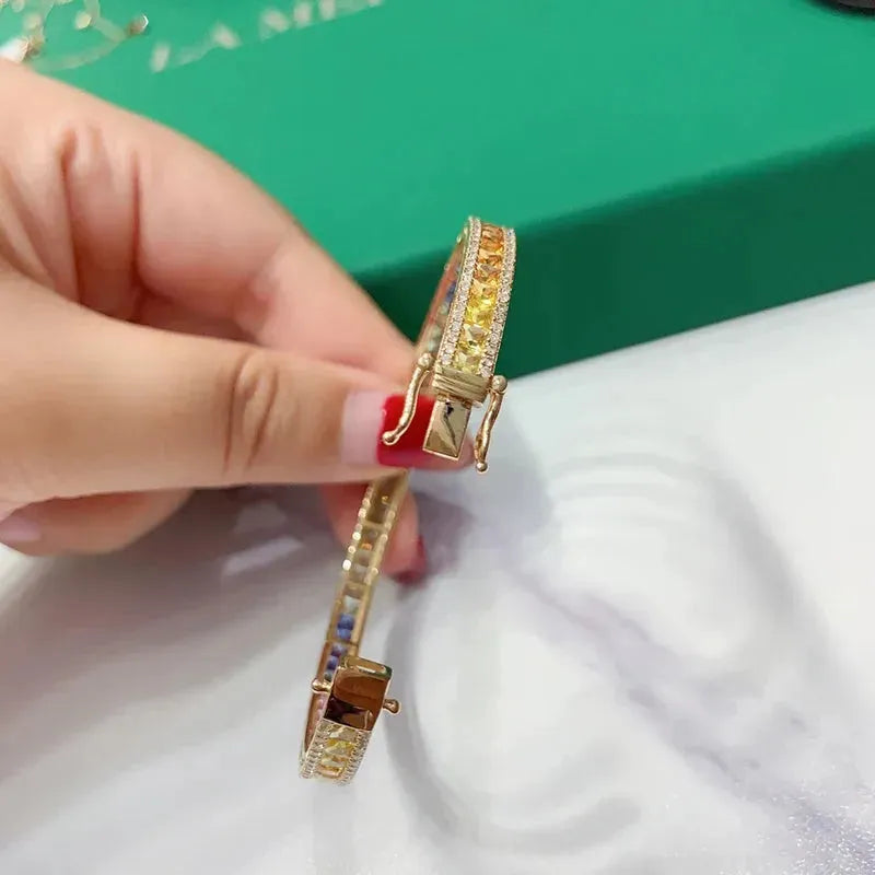 18K Yellow Gold Diamond & Aquamarine Bangle for Women - Luxury Real Natural Gemstone Bracelet - Perfect for Parties, Weddings & Romantic Gifts