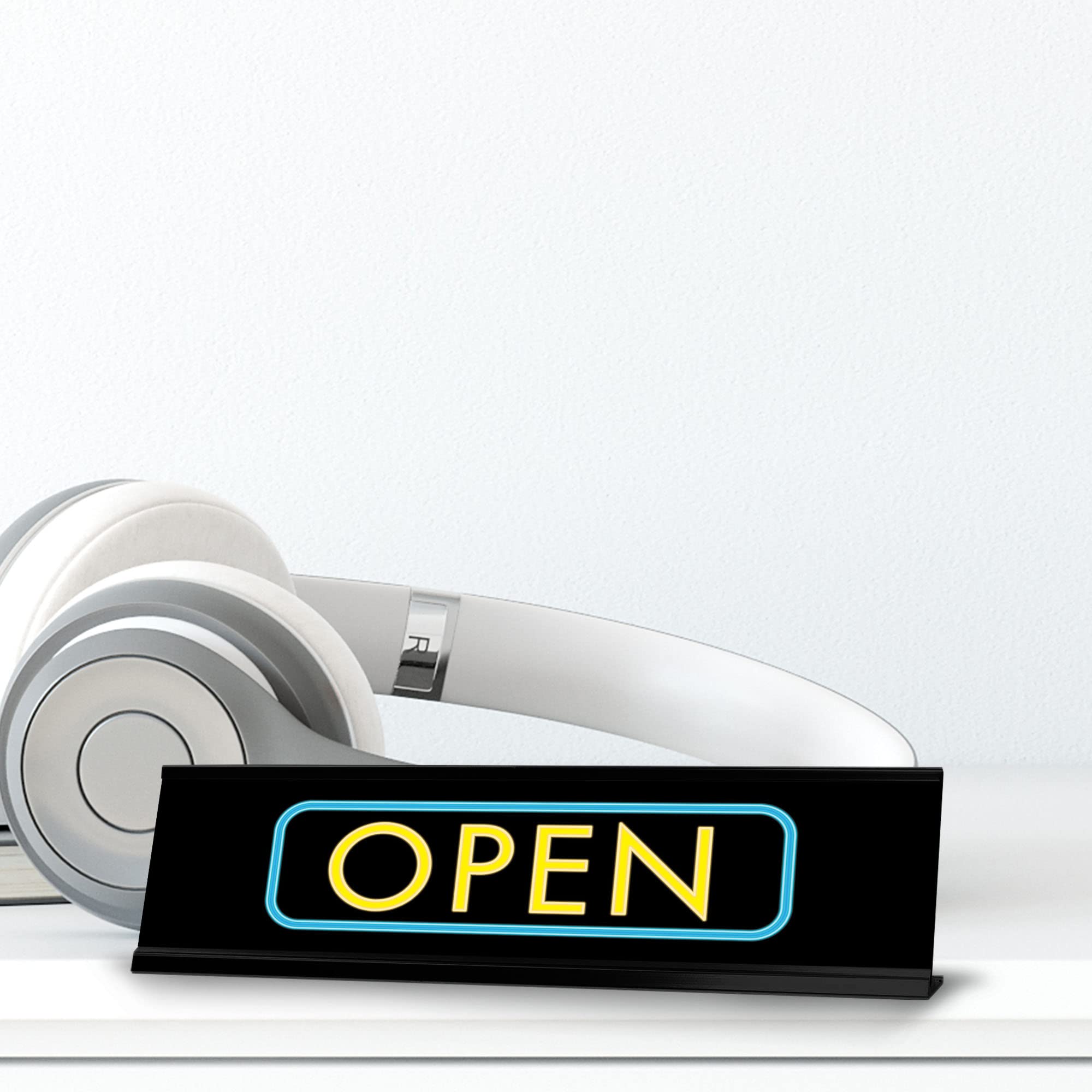 Black Frame Open Desk Sign (2x8 Inches) - Perfect for Office Decor, Reception Desks & Professional Workspaces