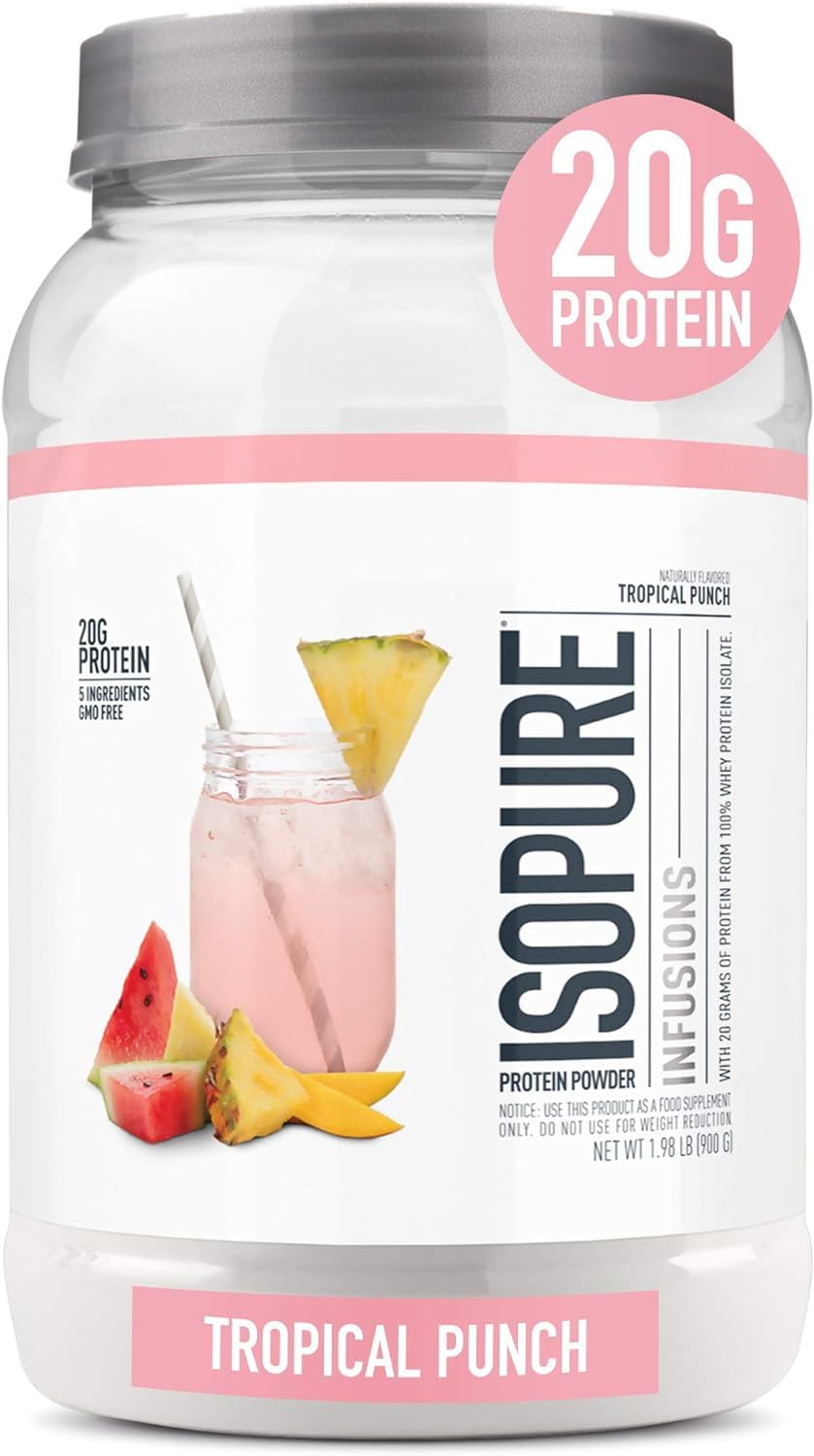 Isopure Clear Whey Isolate Protein Powder - Lactose Free, Gluten Free, Naturally Flavored Tropical Punch - 20g Protein Per Serving, 1.9 Lbs (36 Servings) | Post-Workout Recovery & Healthy Lifestyle Supplement