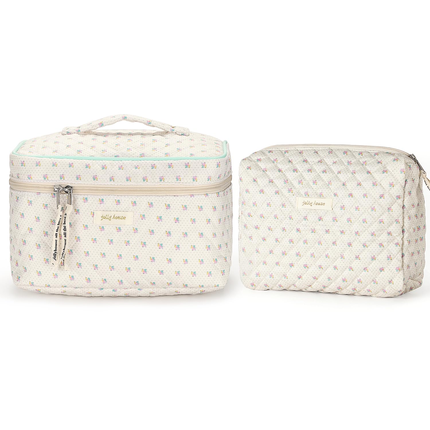 Sightor Large Cotton Quilted Makeup Bag with Handle - Cute Floral Cosmetic Toiletry Bag for Women, Travel Organizer, Perfect for Travel, Gym, and Daily Use
