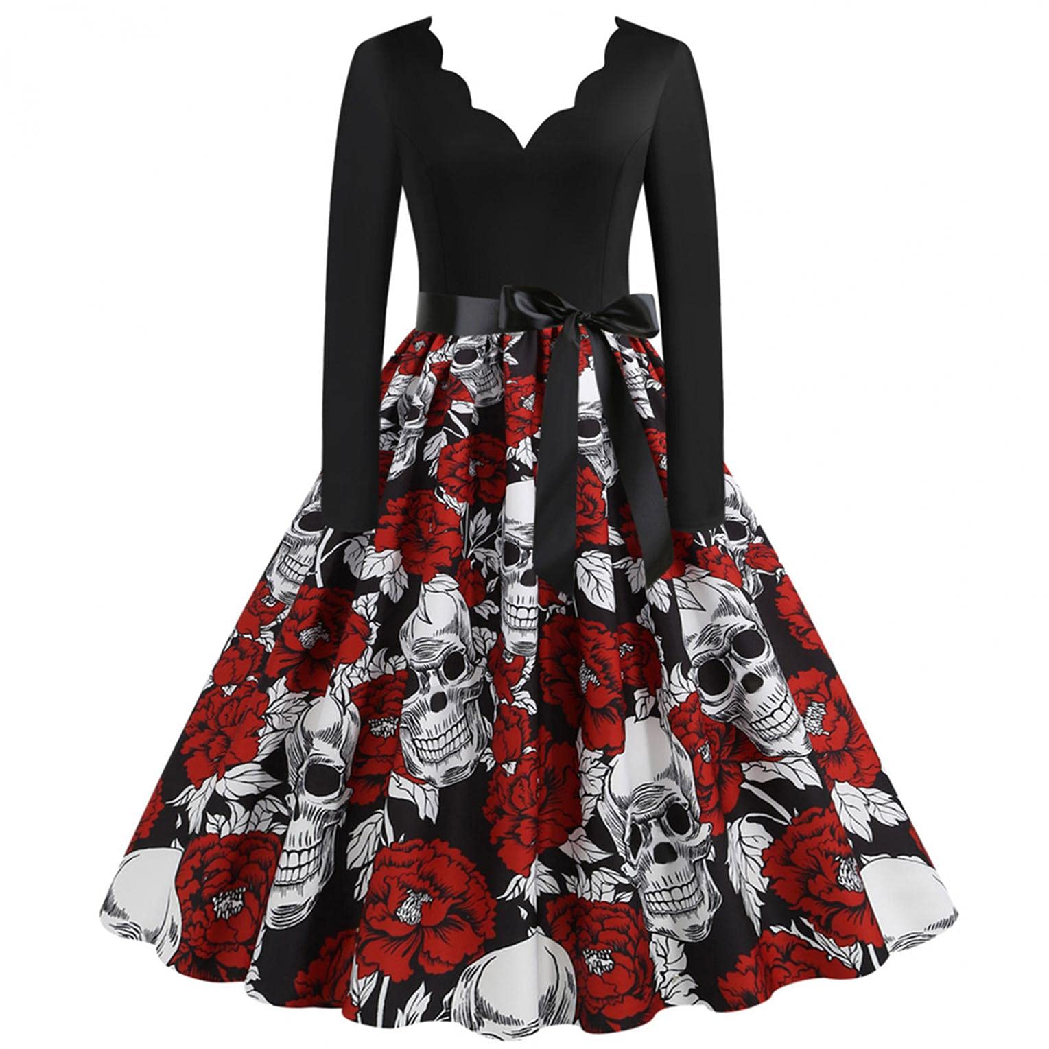 Vintage 50s Housewife Style Long Sleeve Dress - Halloween Print Elegant Evening Party Dress for Women, Fall Fashion Retro Outfit | Perfect for Halloween Costume, Cocktail Party, Christmas Celebration and Vintage Themed Events