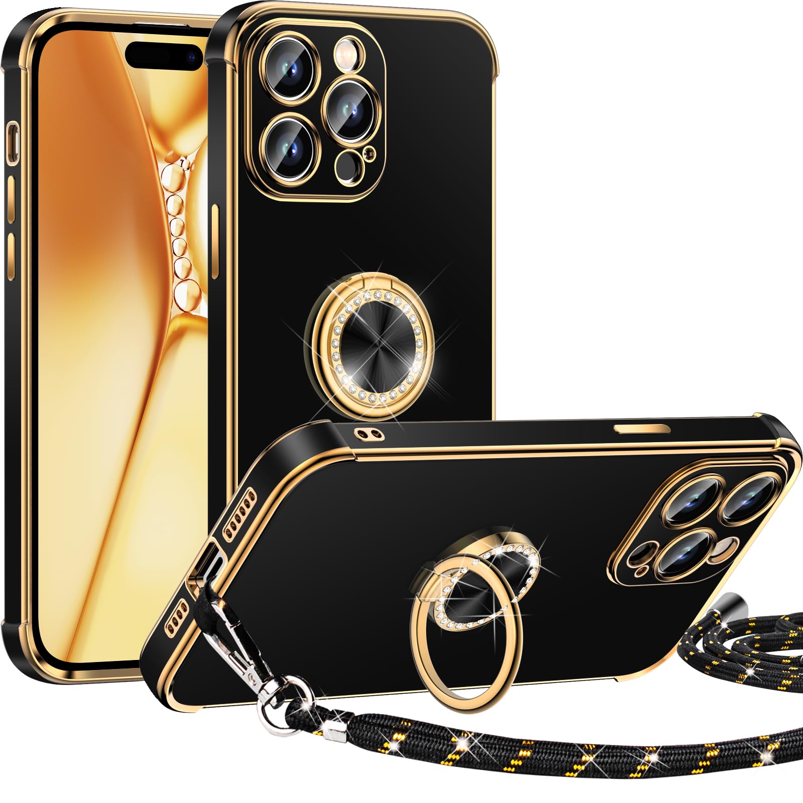 Premium Luxury Electroplated iPhone 15 Pro Case with Ring Holder Stand & Lanyard - Soft TPU Shockproof Protective Cover for Women & Girls (Black) | Perfect for Work, Travel, and Everyday Use