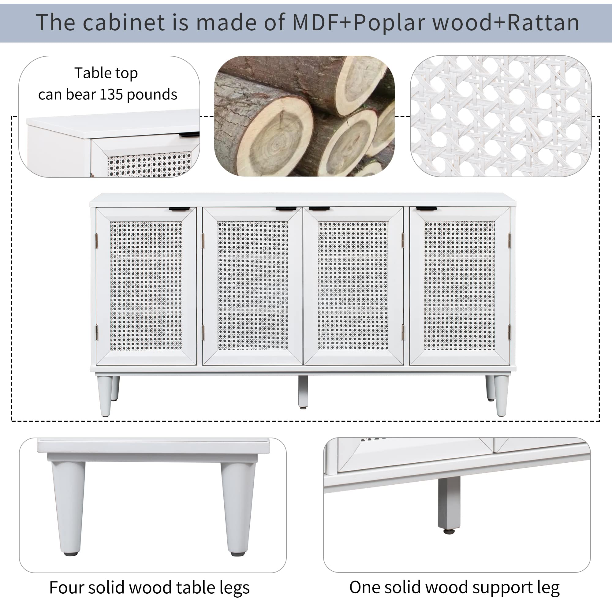 Modern Rattan Buffet Sideboard Cabinet with Natural Rattan Doors - Wood Entryway Console Table & Storage Cabinet for Living Room, Dining Room, Hallway - Perfect for Home Decor, Entertaining & Organizing (White)