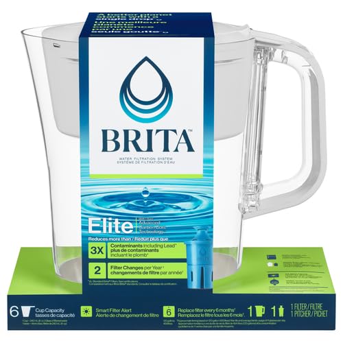 Brita Small 6 Cup Denali Water Filter Pitcher with 1 Brita Elite Filter - BPA-Free White Water Filtration System for Clean Drinking Water at Home, Office or Travel