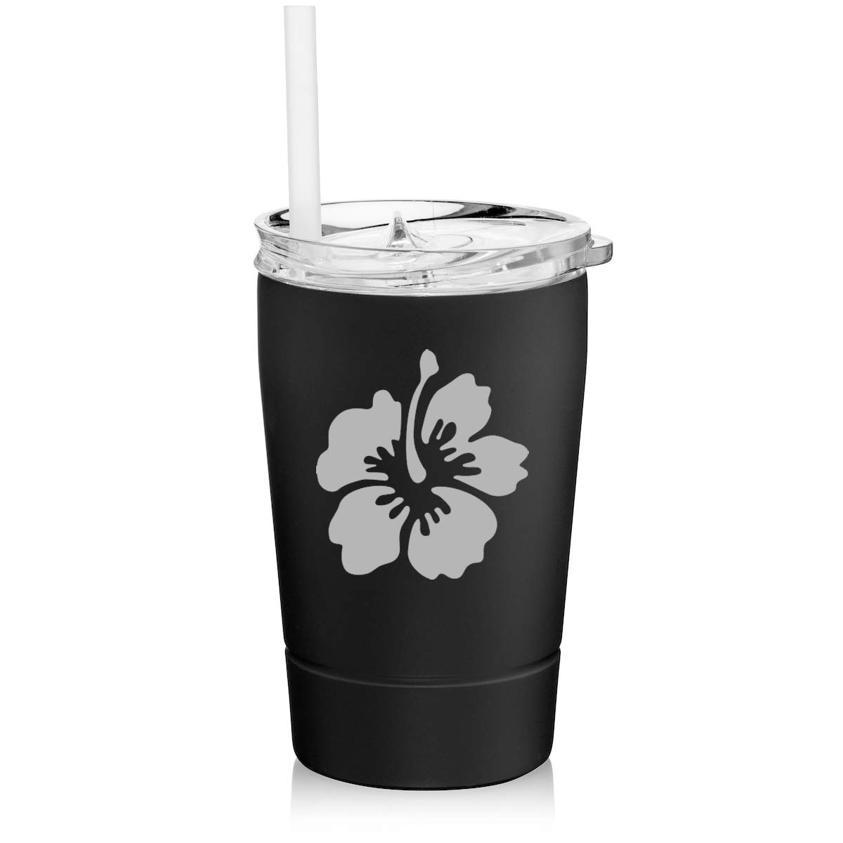 12 oz Stainless Steel Vacuum Insulated Tumbler with Straw - Double Wall Thermal Coffee Travel Mug - Hibiscus Flower Design (Black) - Perfect for Hot & Cold Drinks, Office, Commuting & Outdoor Activities