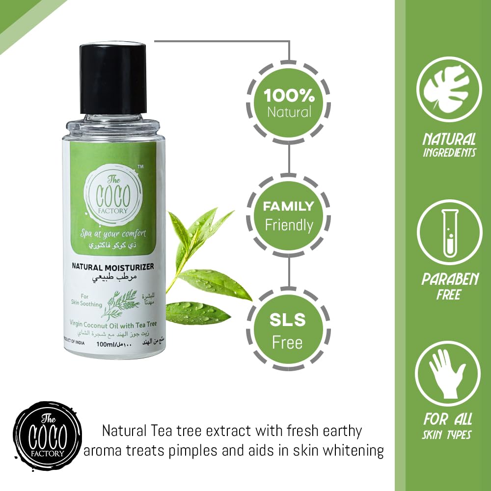 The Coco Factory - 100% Natural Coconut & Tea Tree Body Oil (100ml) - Hydrating Moisturizer & Relaxing Massage Oil for Dry Skin, Aromatherapy & Spa Use
