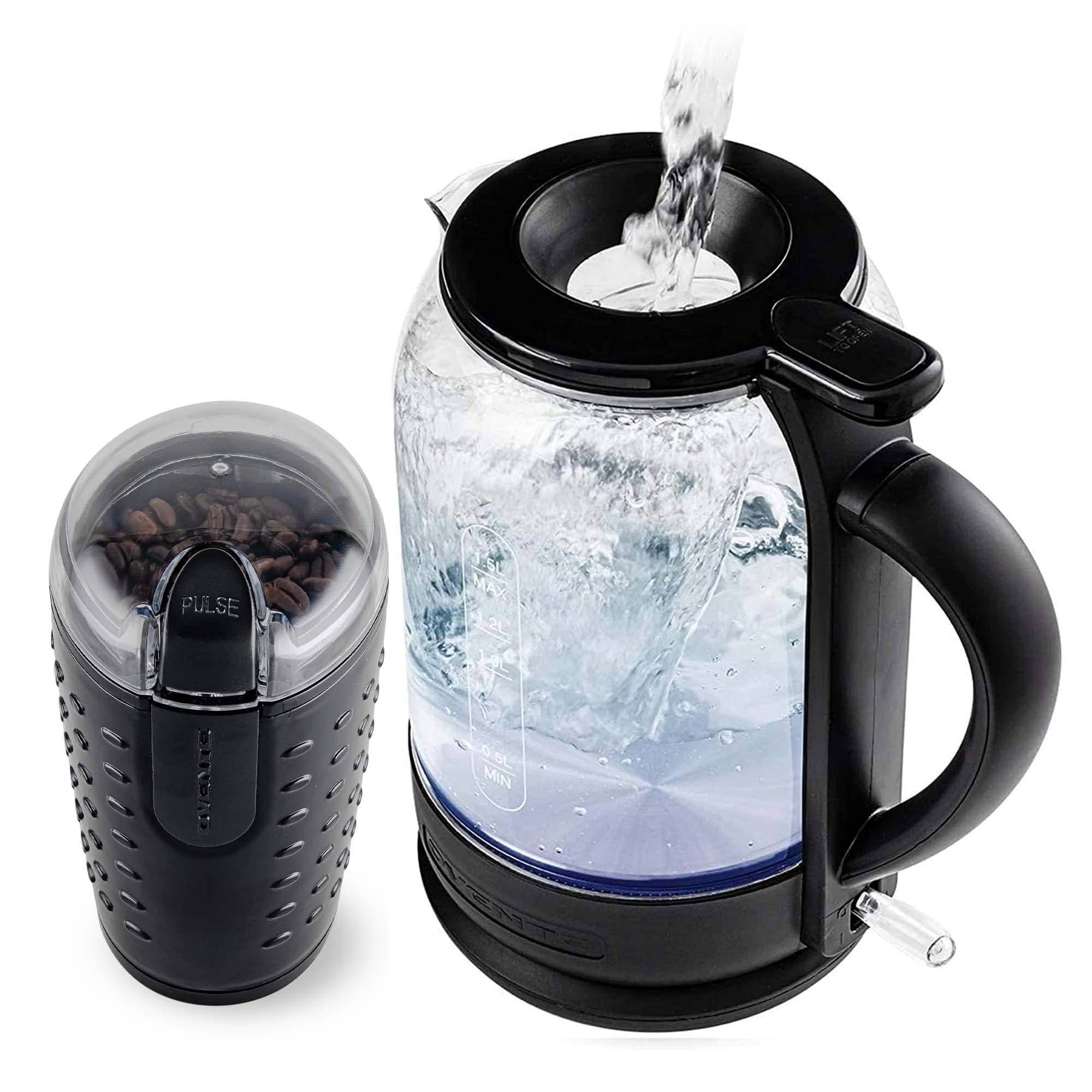 **OVENTE 1.5L Electric Kettle & Coffee Grinder Set - 1500W Fast Boiling Glass Water Heater & 2.5Oz Stainless Steel Blade Mill - Perfect for Home, Office & Travel (Black KG516B + CG225B)**