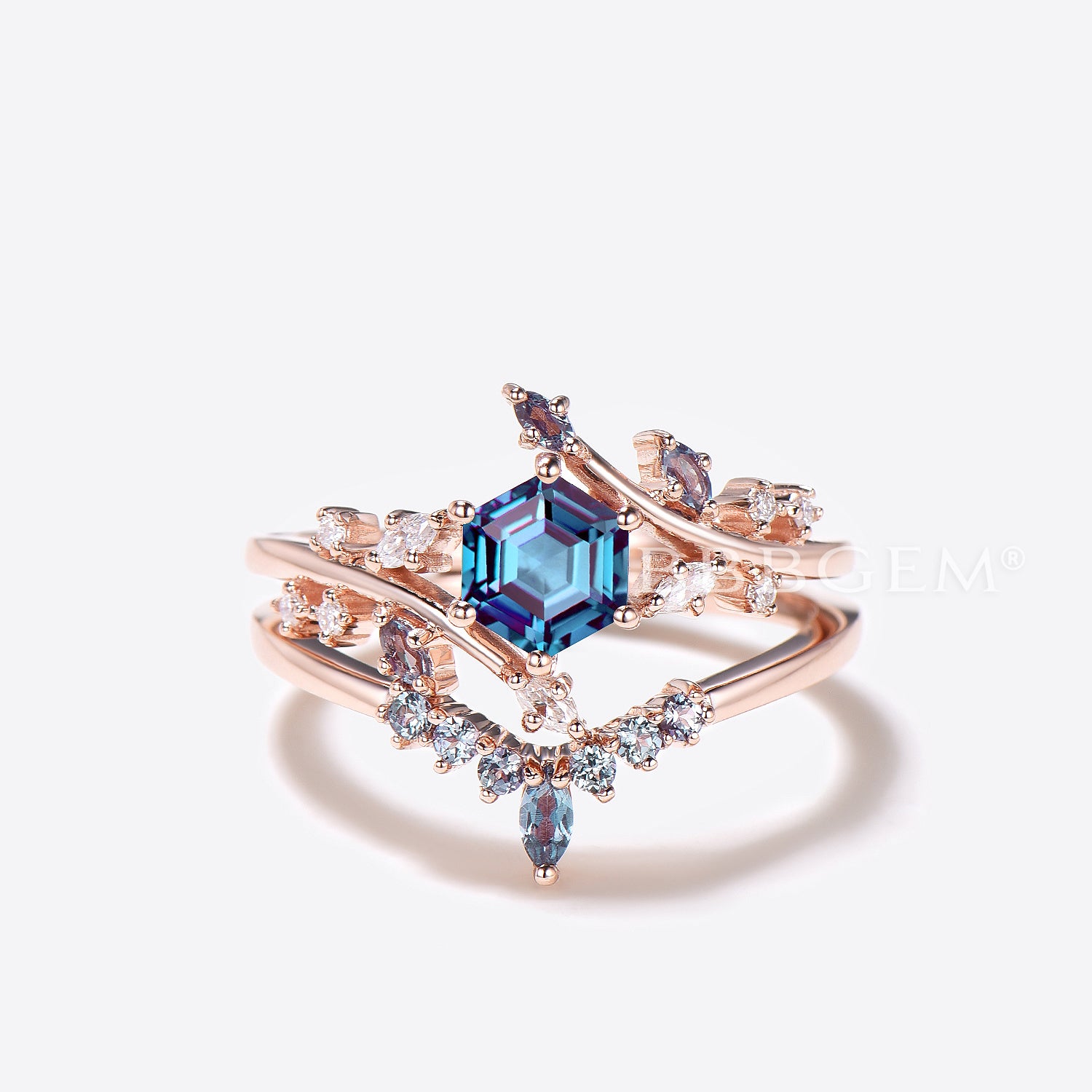 14k Rose Gold Hexagon Cut Alexandrite Engagement Ring - Twig Leaf Design for Wedding, Proposal & Anniversary Gifts | Unique Vintage Style Jewelry