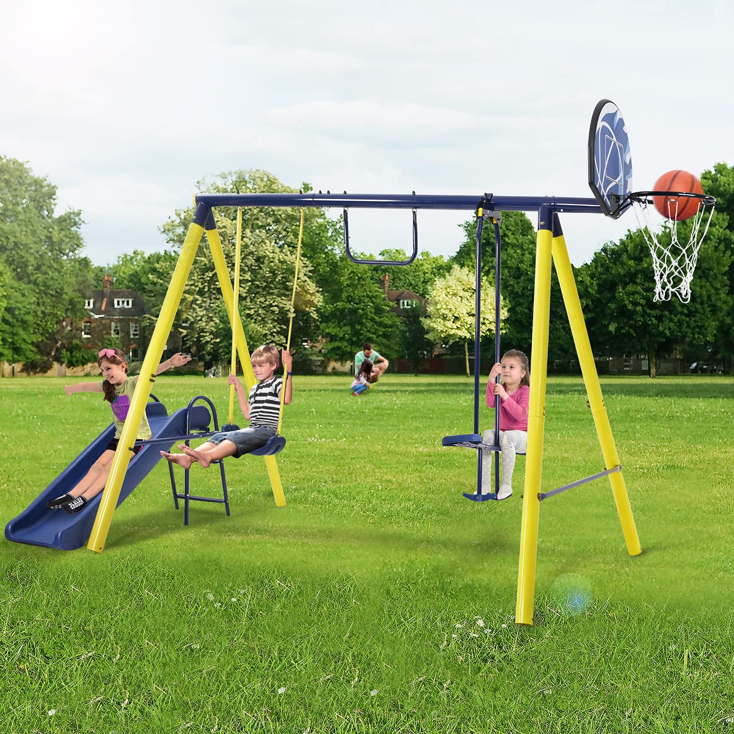 5-in-1 Outdoor Toddler Swing Set with Steel Frame - Kids Backyard Playset Includes Seesaw, Basketball Hoop & Swing | Durable Playground Equipment for Outdoor Fun | Perfect for Gardens, Parks & Daycare Centers