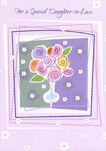 Elegant Floral Bouquet in Glass Vase with Pink & Purple Dotted Frame - Thoughtful Birthday Card for Daughter-in-Law | Perfect for Mother's Day, Anniversary & Special Occasion Gifts