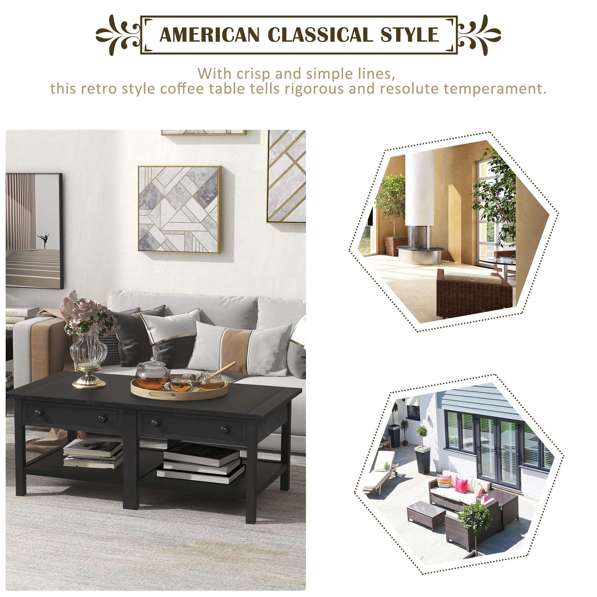 Solid Wood Coffee Table with 2 Drawers & Open Shelf - Large Storage American Classic Cocktail Table for Living Room, Office - Espresso Finish - Perfect for Entertaining, Relaxing & Home Decor