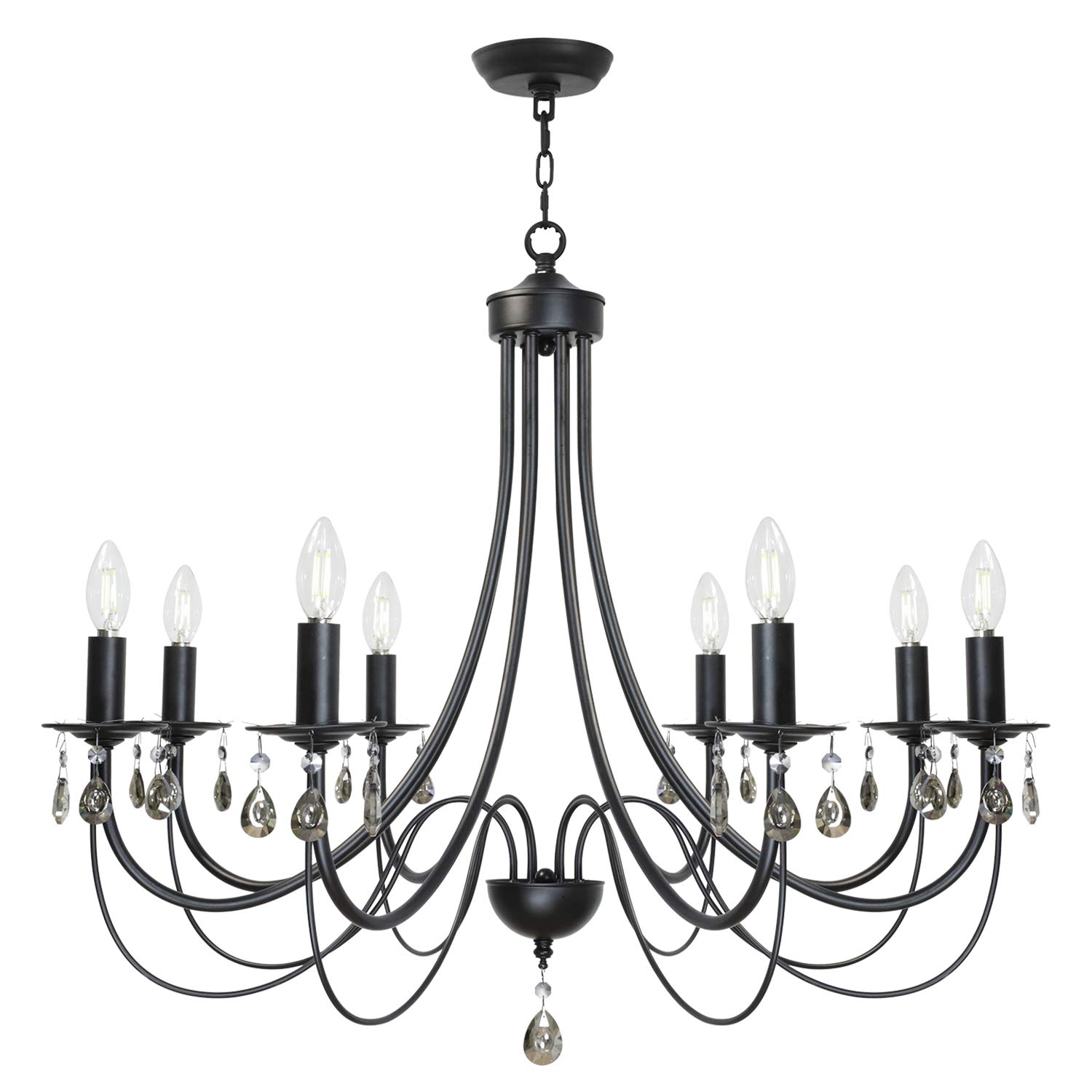 Modern 8-Light Black Crystal Chandelier - Mid Century Ceiling Lighting Fixture for Dining Room, Kitchen Island & Entryway - Elegant Pendant Light with Clear Crystals for Home Decor