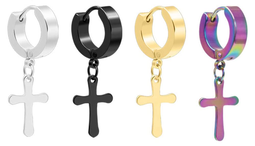 4 Pairs Stainless Steel Cross Hoop Earrings - Dangle Hinged Cross Earrings for Men & Women - Perfect for Gifts, Weddings, Church & Everyday Fashion