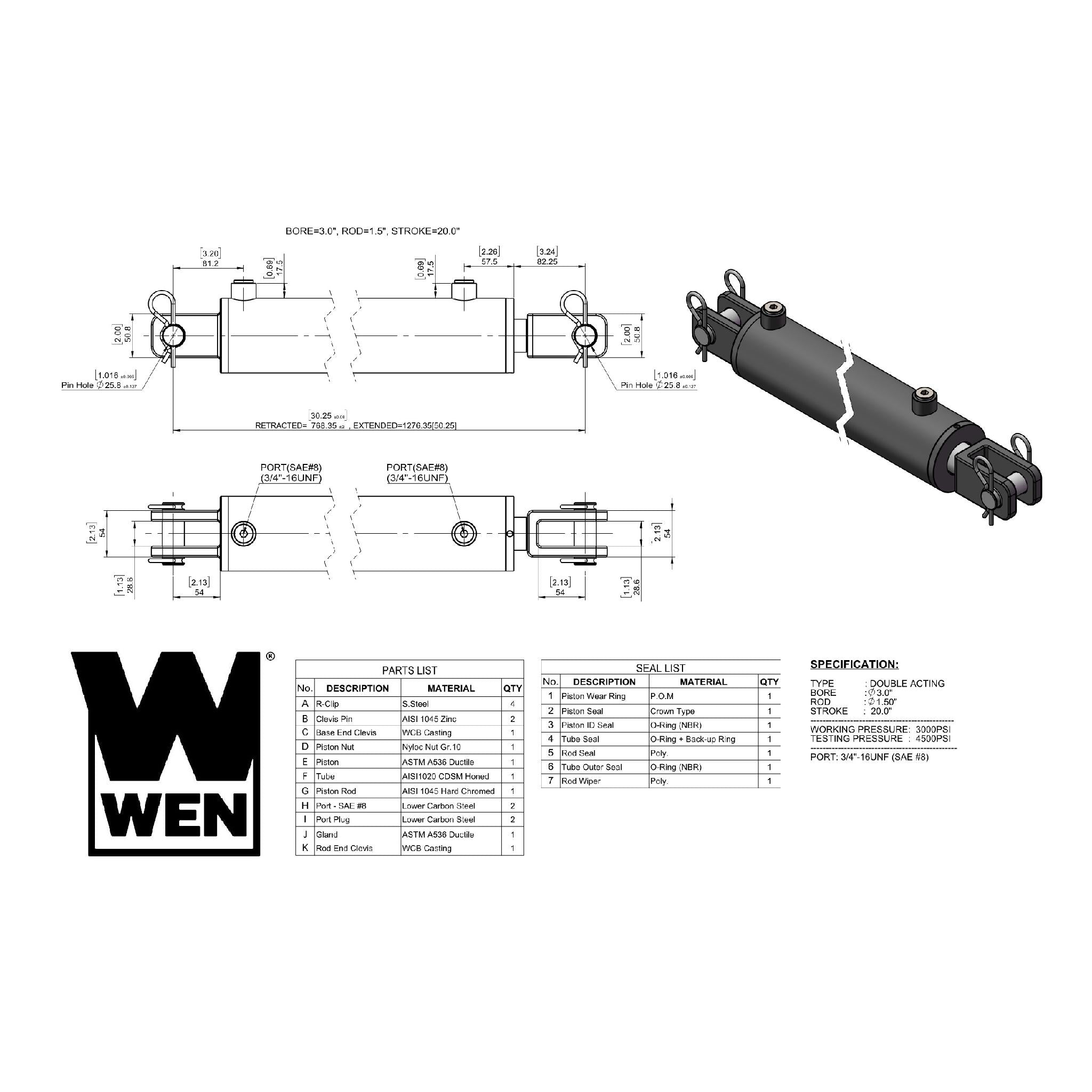 WEN CC3020 Clevis Hydraulic Cylinder - 3 Inch Bore, 20 Inch Stroke for Heavy-Duty Industrial Equipment, Construction Machinery & Agricultural Applications