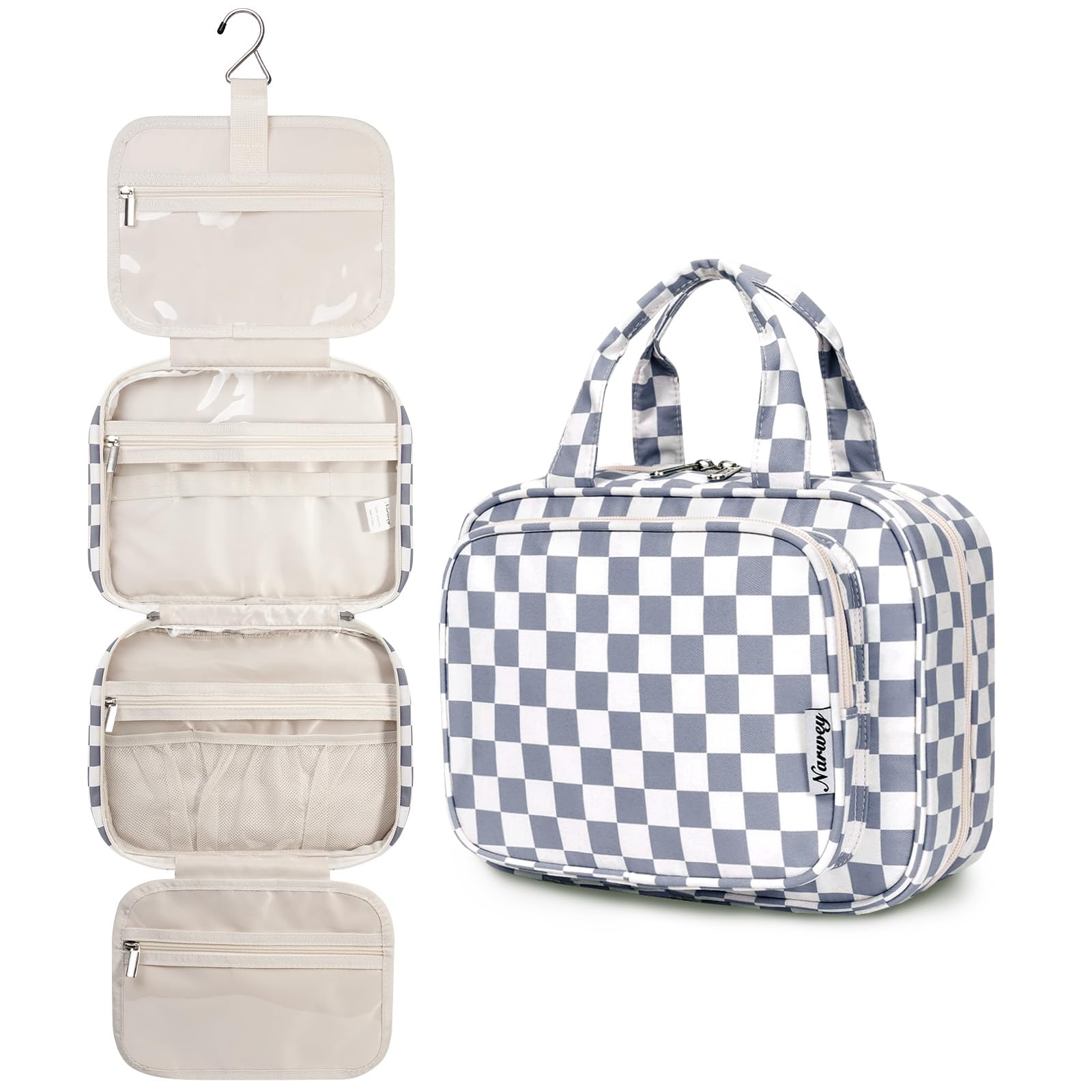 Narwey Hanging Toiletry Bag for Women - Travel Makeup Organizer with Multiple Pockets, Waterproof Cosmetic Bag for Toiletries & Travel Essentials (Grayish Blue Checkerboard, Medium) - Perfect for Airplane Carry-on, Gym, Camping & Weekend Getaways