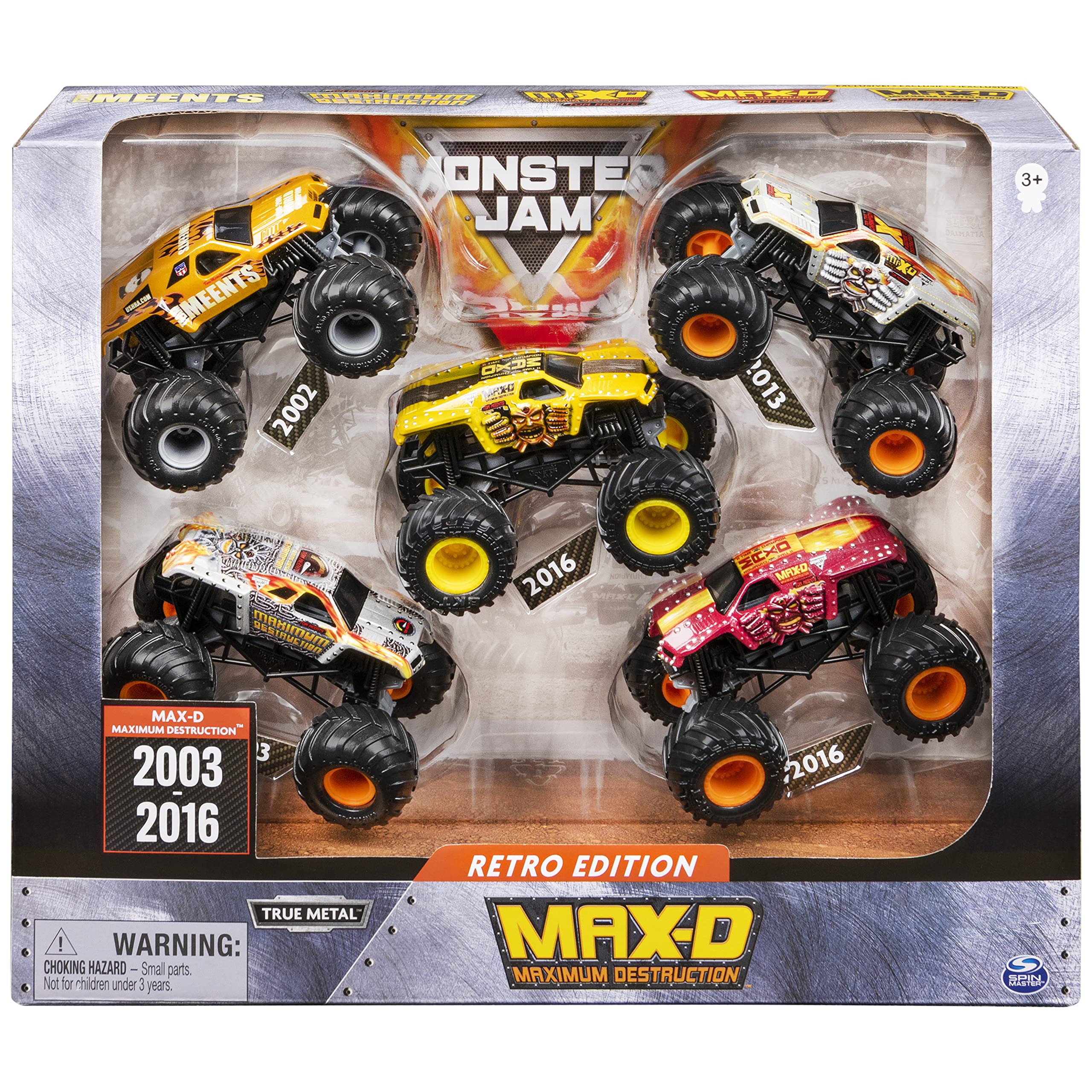 Monster Jam Official Retro Edition Max-D 5-Pack 1:64 Scale Die-Cast Monster Trucks - Collectible Toy Cars for Boys & Girls Ages 3+ - Birthday Gifts, Playroom Decor, Racing Game Accessories