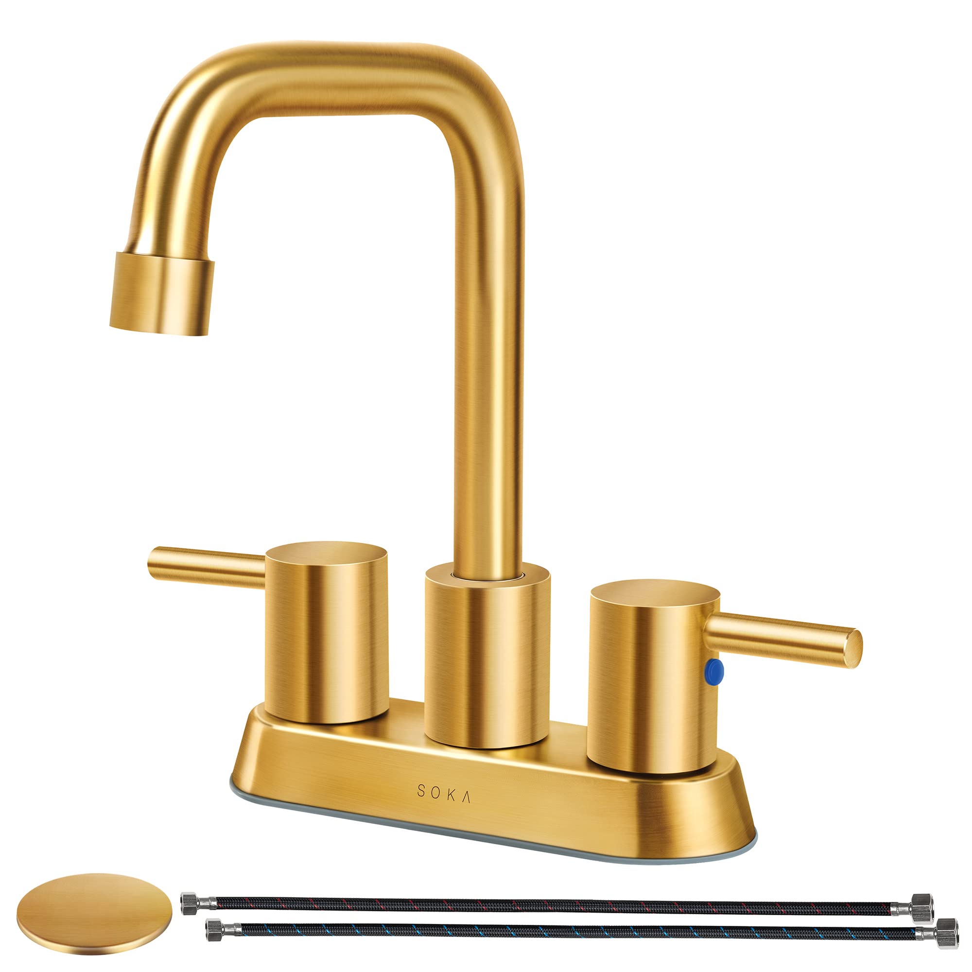 SOKA 4 Inch Centerset Bathroom Faucet - 2 Handle Commercial Hand Sink Touch Faucet with Gooseneck Spout in Gold Finish - Perfect for Restaurant, Salon, and Public Restroom Sinks