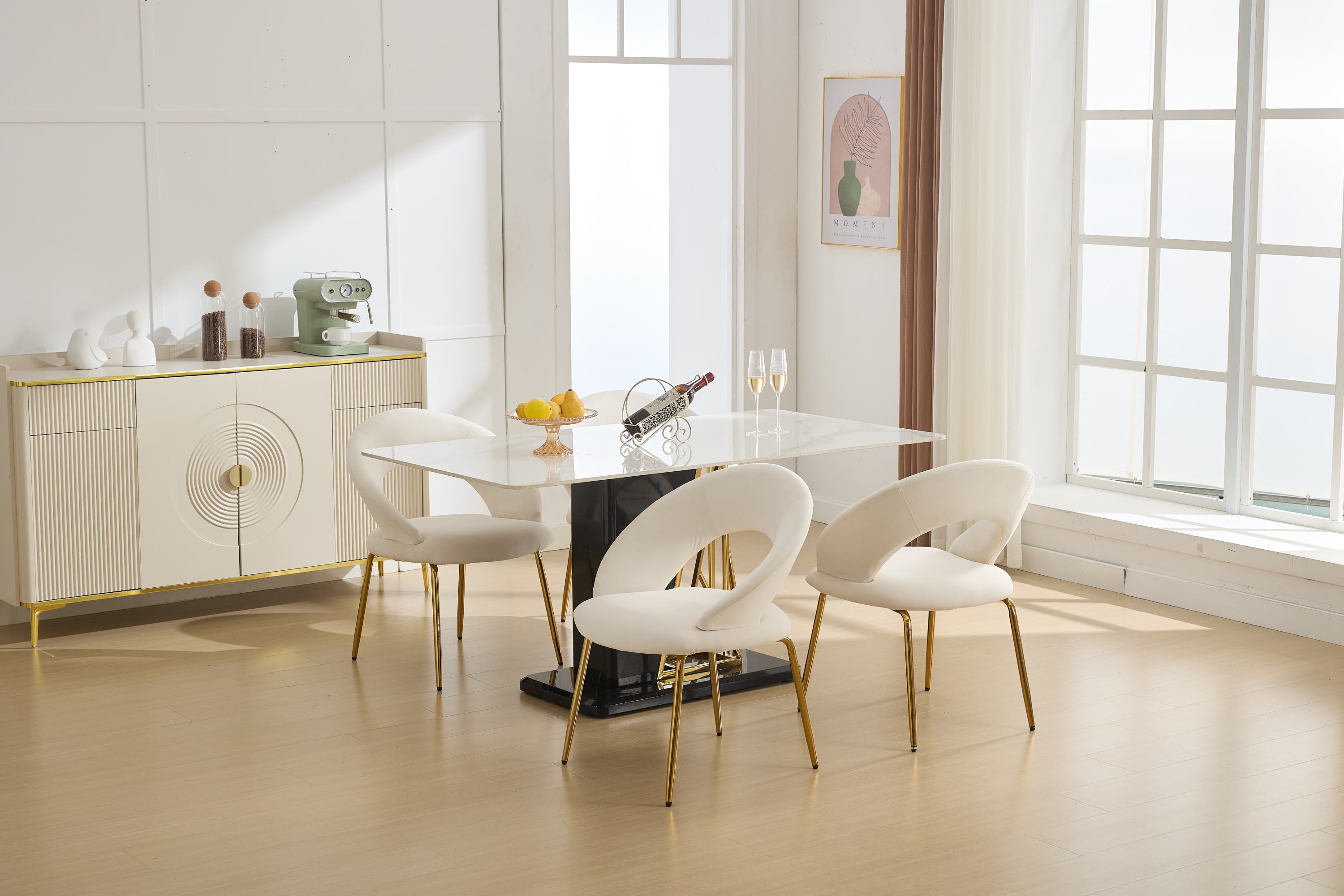 Velvet Dining Chairs Set of 1 - Curved Backrest with Golden Metal Legs for Kitchen & Dining Room - White - Perfect for Modern Home Decor & Entertaining Guests