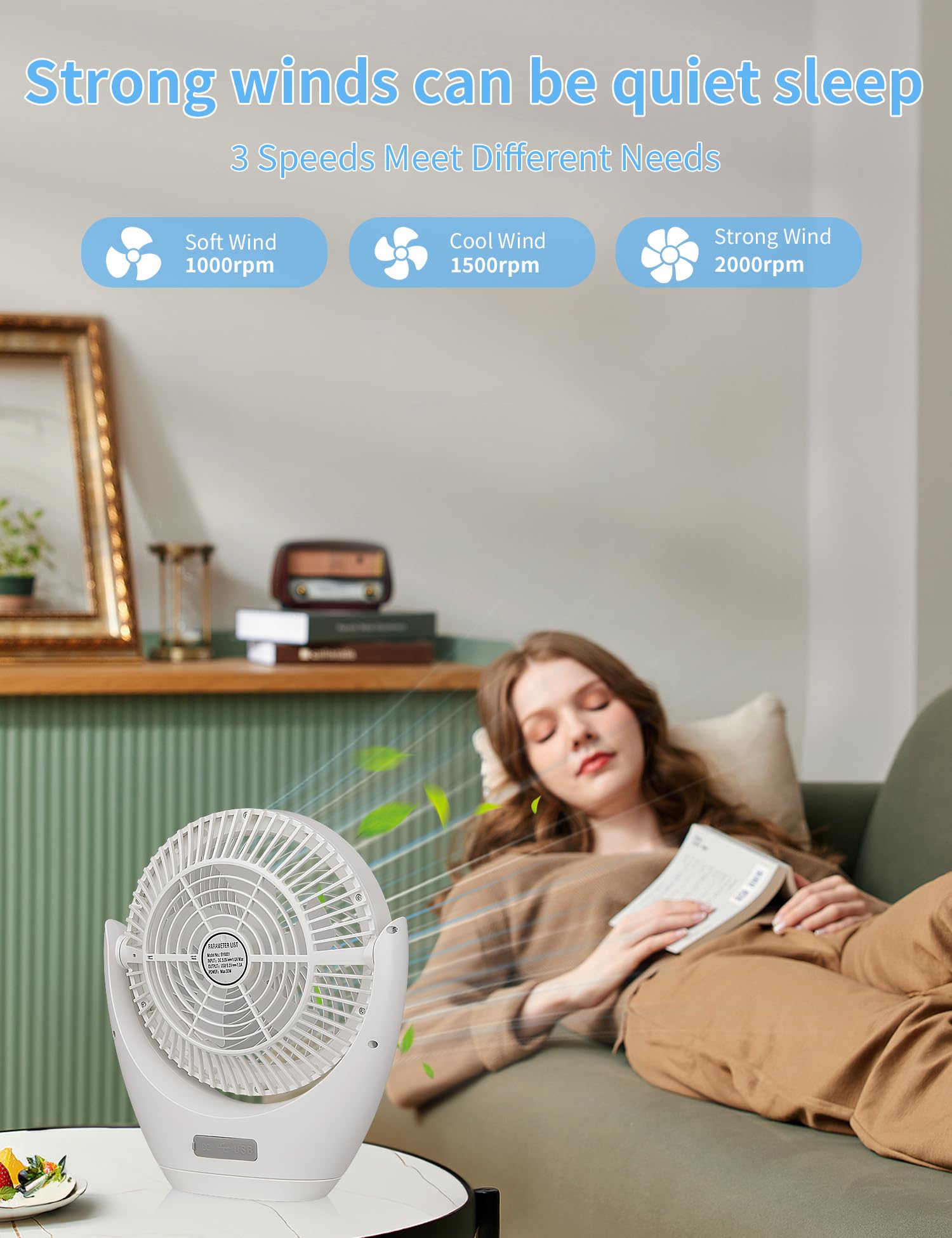 Rechargeable 12000mAh Battery Operated Desk Fan - Portable Camping Fan with LED Light, 3 Speed Quiet Cooling Fan for Bedroom, Office, Home & Outdoor Use | Perfect for Travel, Camping, Work & Nighttime Breeze