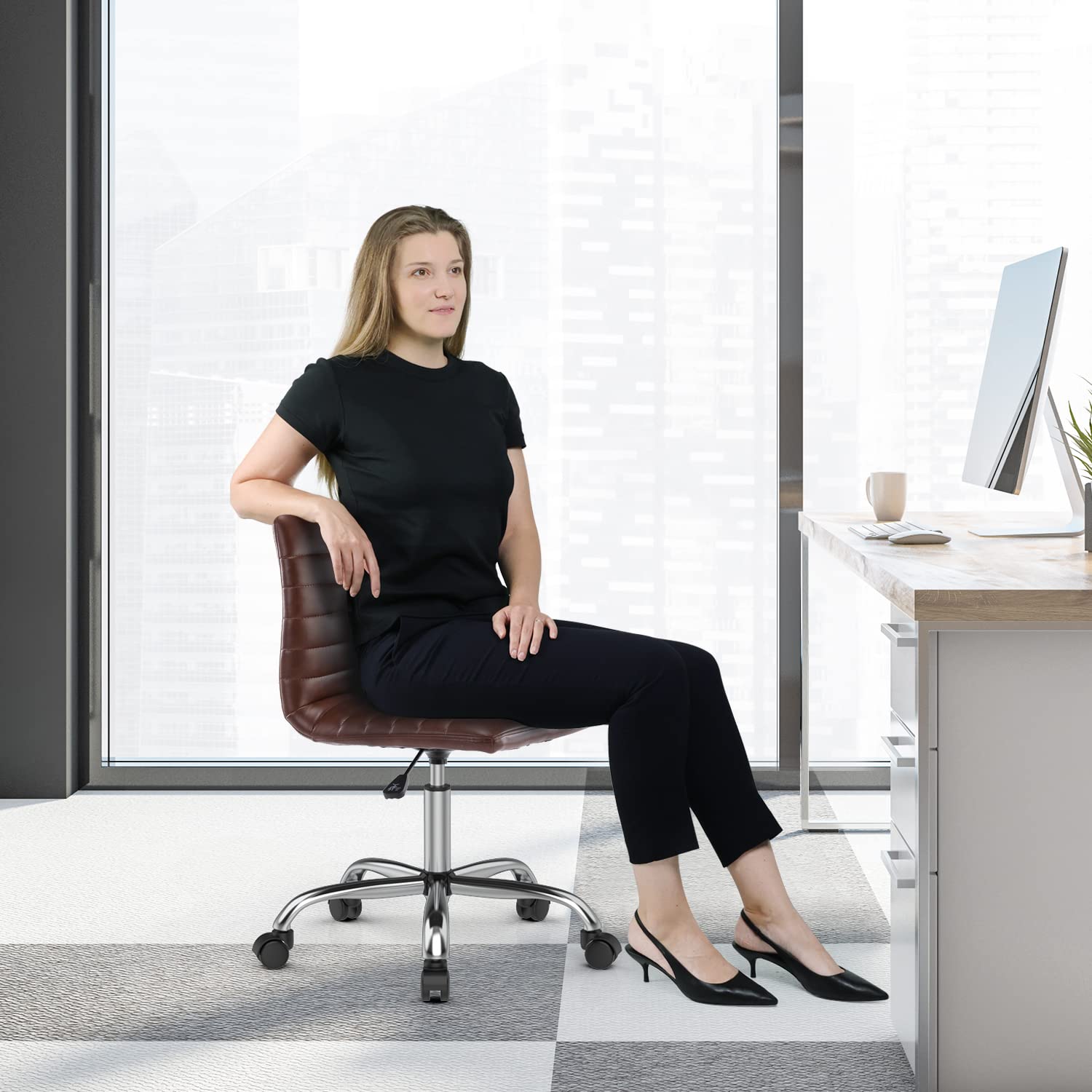Ergonomic Armless Leather Swivel Office Chair - Mid Back Ribbed Task Chair for Home & Office - Adjustable White Desk Chair for Adults & Kids - Perfect for Workstations, Vanity Desks & Study Areas (Brown)