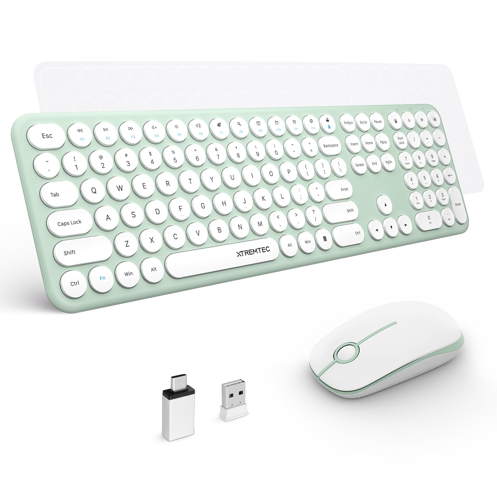 XTREMTEC Wireless Keyboard and Mouse Combo - 2.4GHz Ultra-Slim Quiet Retro Round Keycap Keyboard for Mac, PC, Laptop - Aesthetic Macaron Green Design for Office, Home, Gaming & Workspace Setup