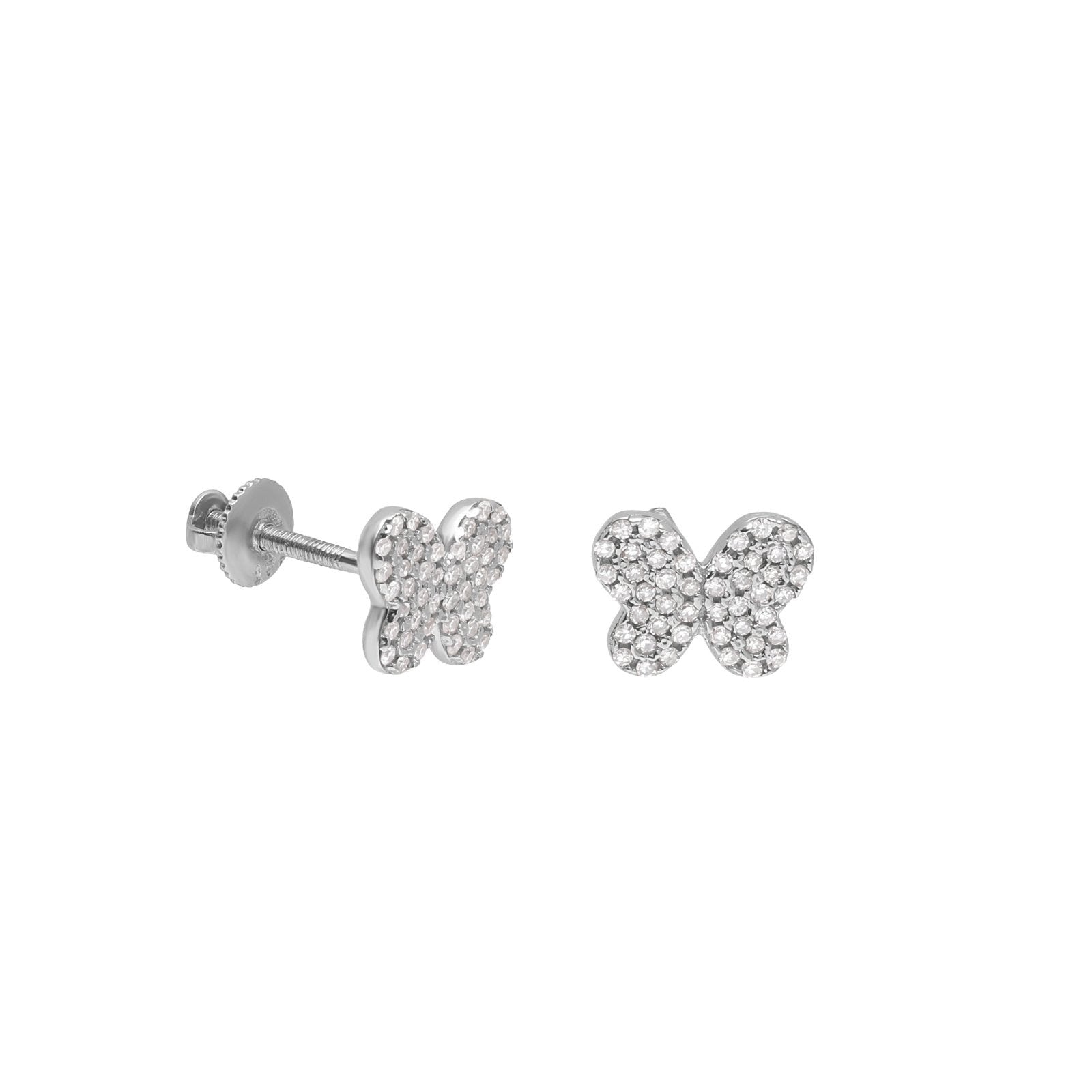 14K White Gold Diamond Pavé Butterfly Screw Back Earrings - Elegant Stud Earrings for Women, Perfect for Weddings, Parties & Special Occasions