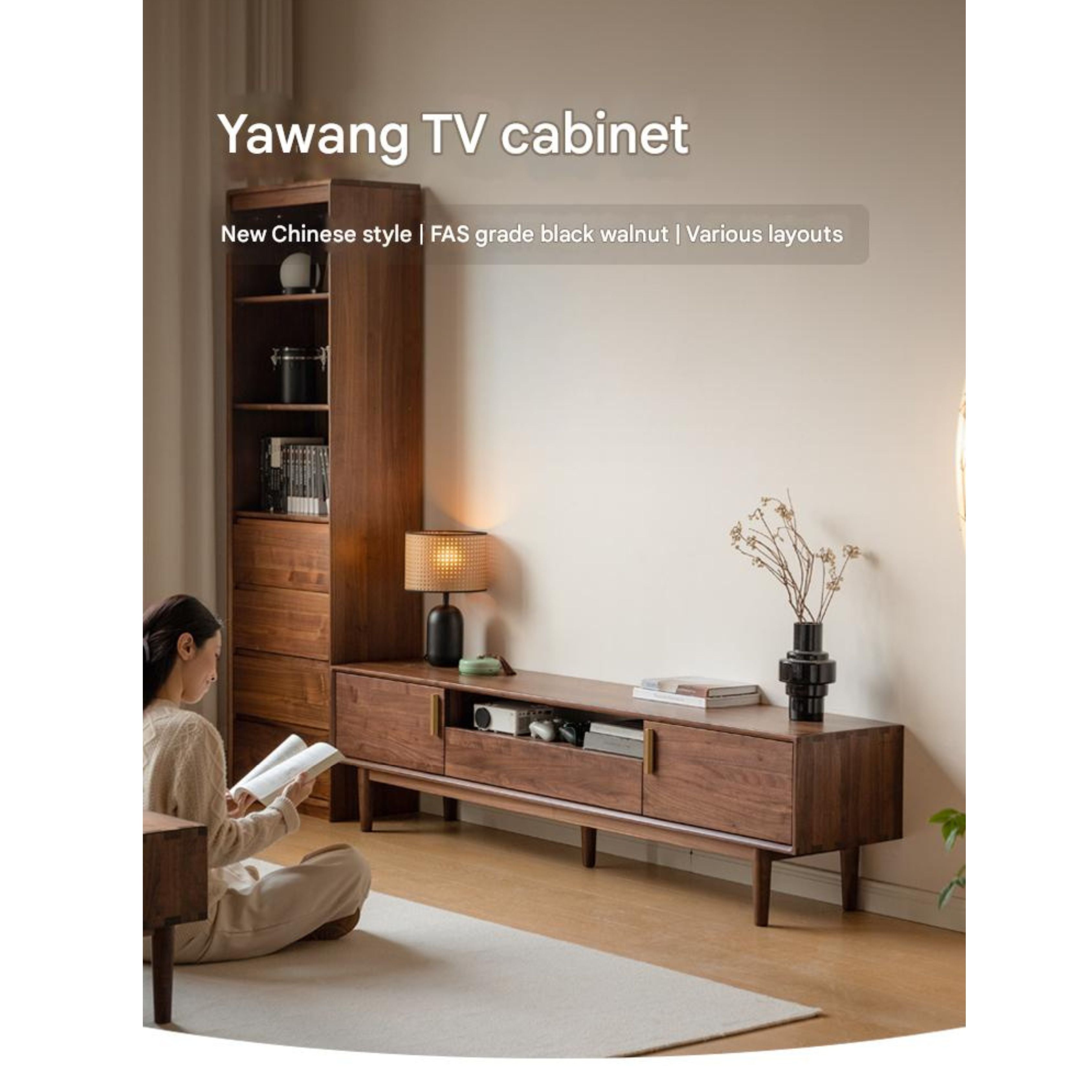 Premium Black Walnut Solid Wood TV Stand Cabinet with Storage - Modern Entertainment Center for Living Room, Home Theater & Media Organization