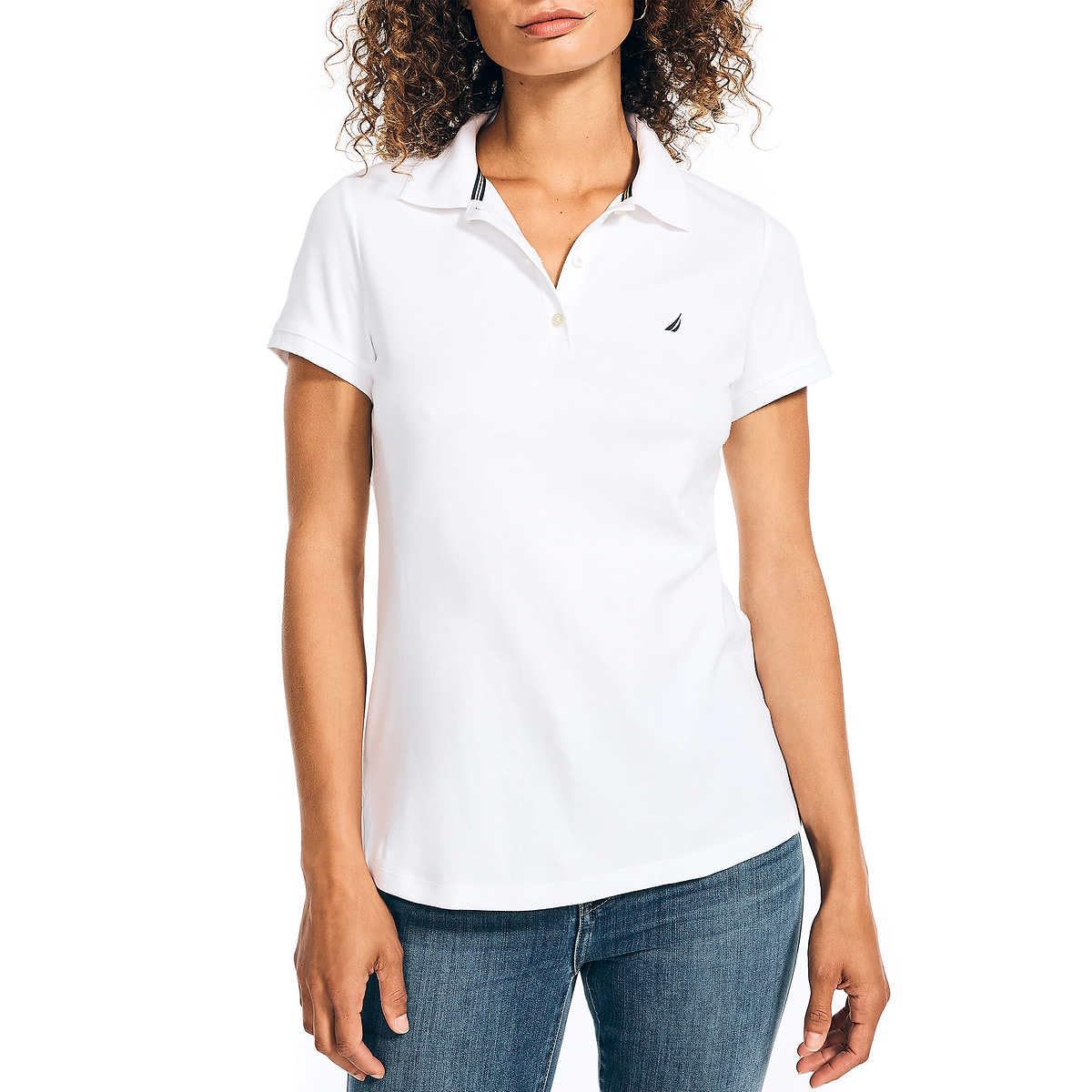 Nautica Women's Short Sleeve Polo Shirt - 3-Button Cotton Golf Top for Women, Breathable & Comfortable, White, X-Small - Perfect for Golf, Tennis, Casual Wear & Summer Outfits