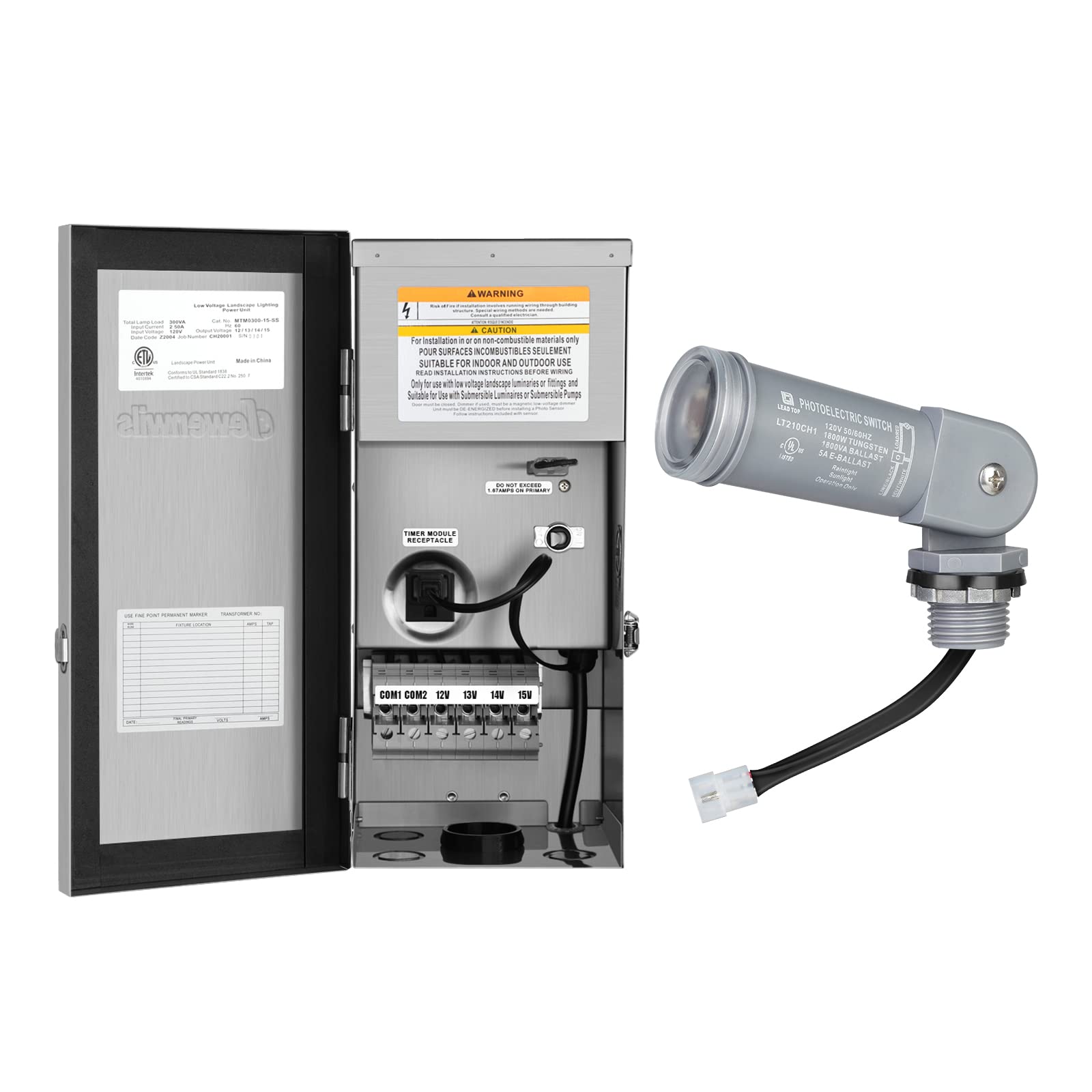 200W Low Voltage Transformer with Light Sensor Switch - Outdoor Landscape Lighting, Garden Path Lights, Deck & Patio Illumination